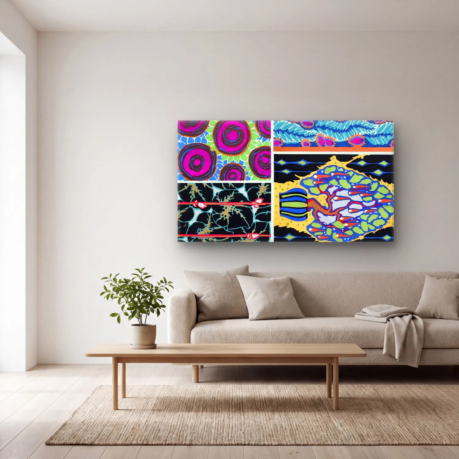 E.A. Séguy – Colorful floral design, art nouveau & art deco artwork,… – Mor Tonlar cam tablo — açık renk salonda