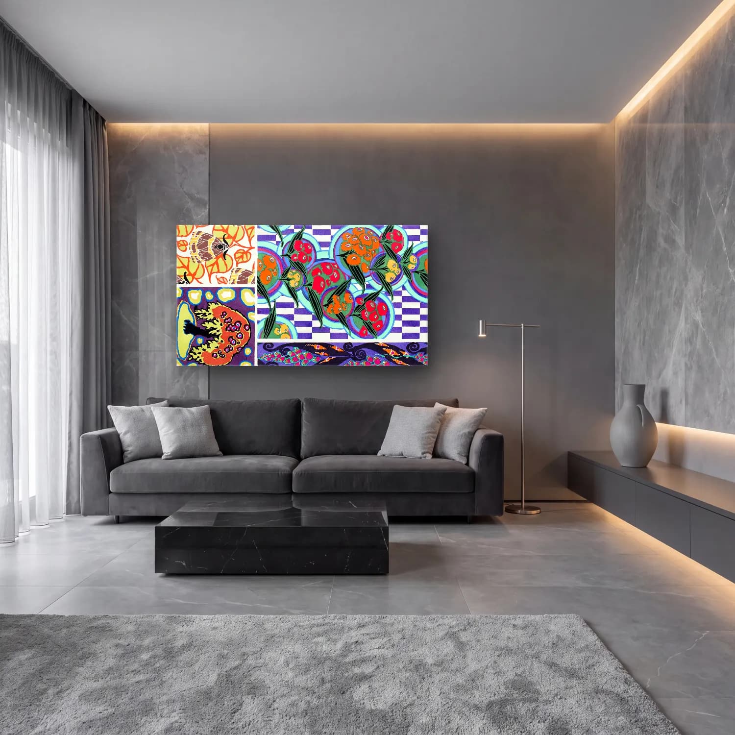 E.A. Séguy – Floral colorful background, vintage art deco & art nouveau… cam tablo — lüks salon duvarında