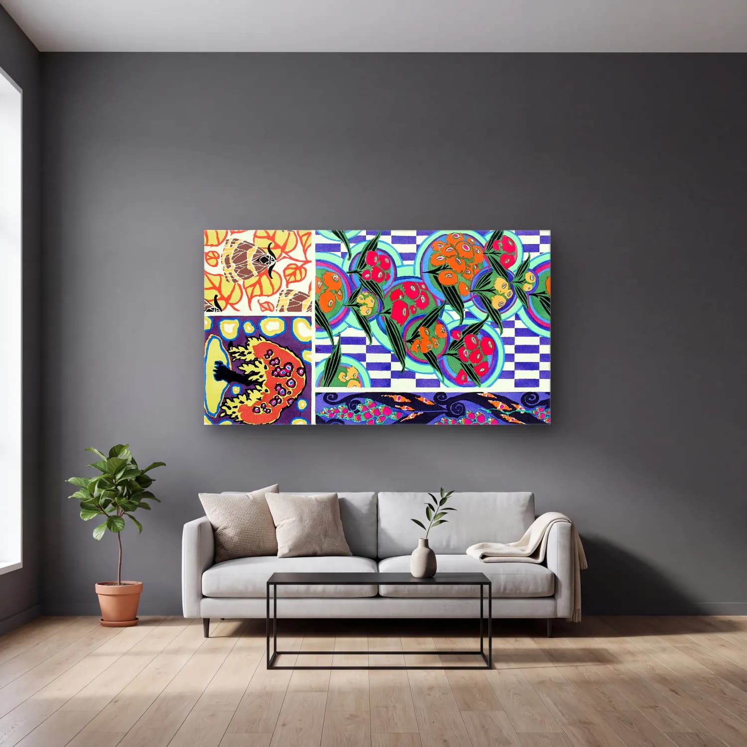 E.A. Séguy – Floral colorful background, vintage art deco & art nouveau… cam tablo — gri duvarlı salonda