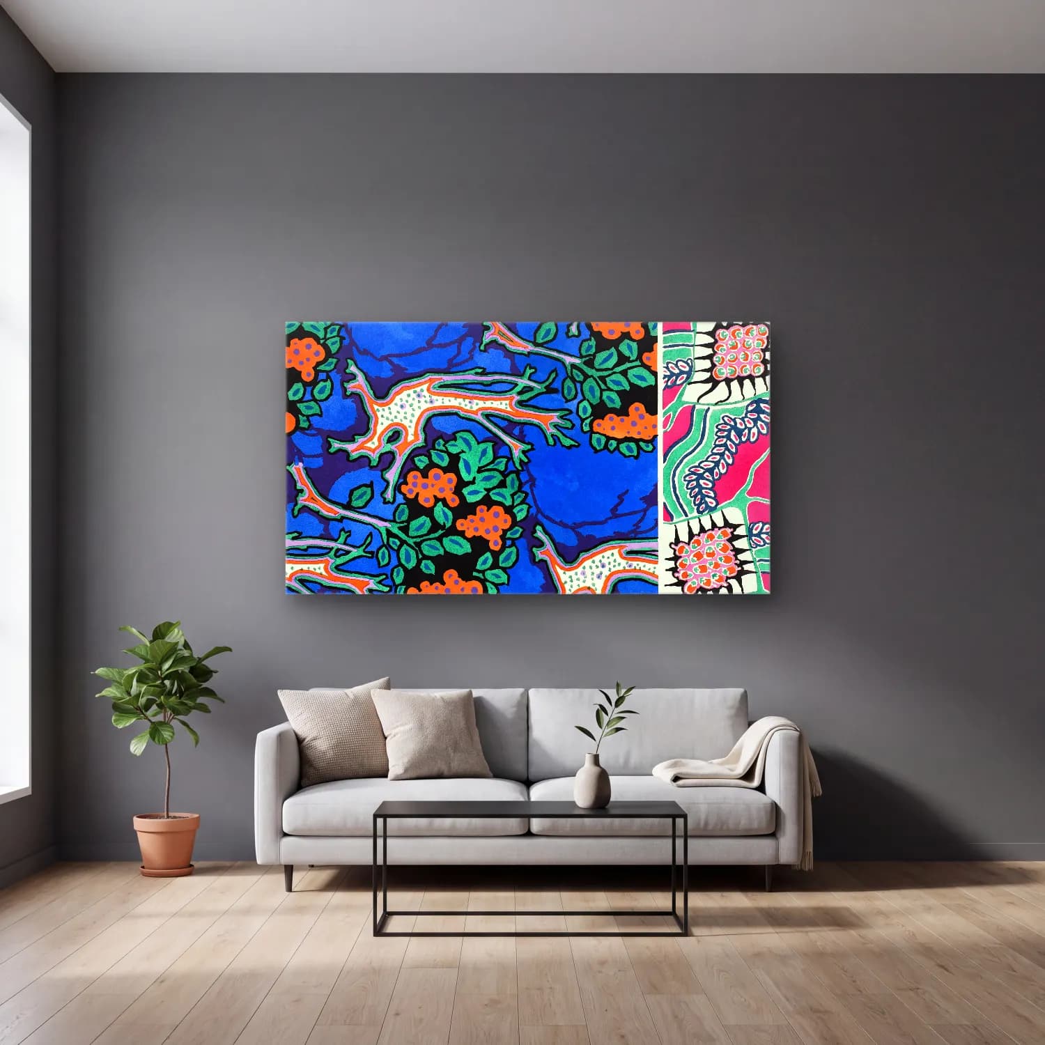 E.A. Séguy – Floral colorful background, vintage art deco & art nouveau… No. 5 cam tablo — gri duvarlı salonda