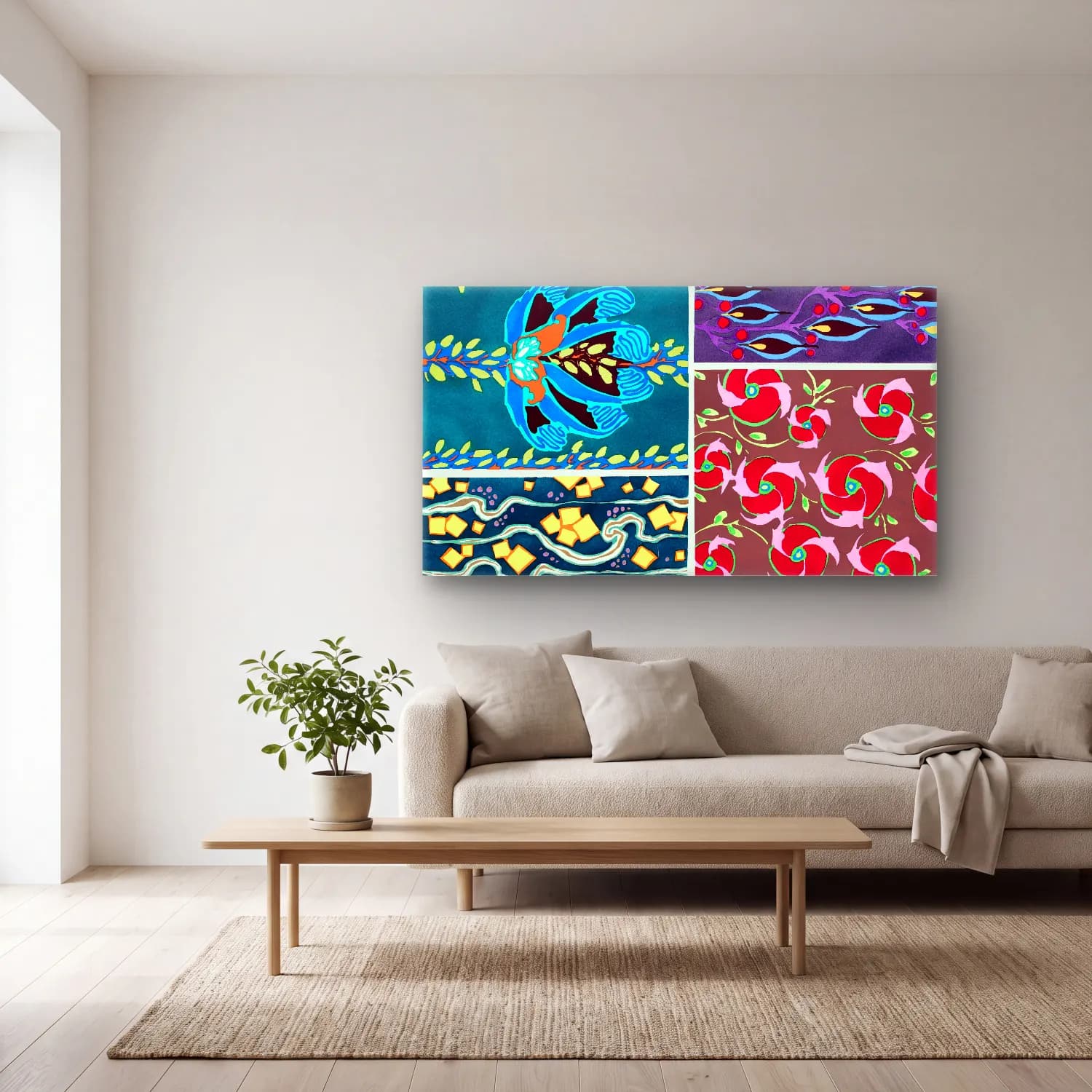 E.A. Séguy – Floral colorful background, vintage art deco & art nouveau… – Turkuaz Tonlar cam tablo — açık renk salonda