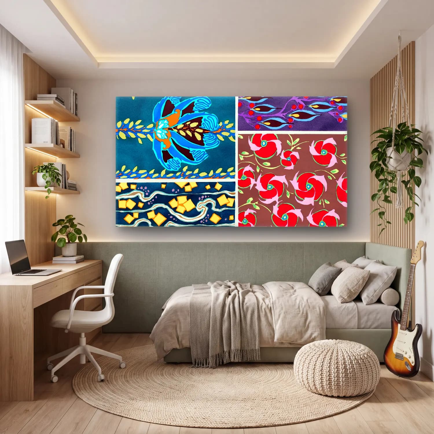 E.A. Séguy – Floral colorful background, vintage art deco & art nouveau… – Turkuaz Tonlar cam tablo — genç odasında