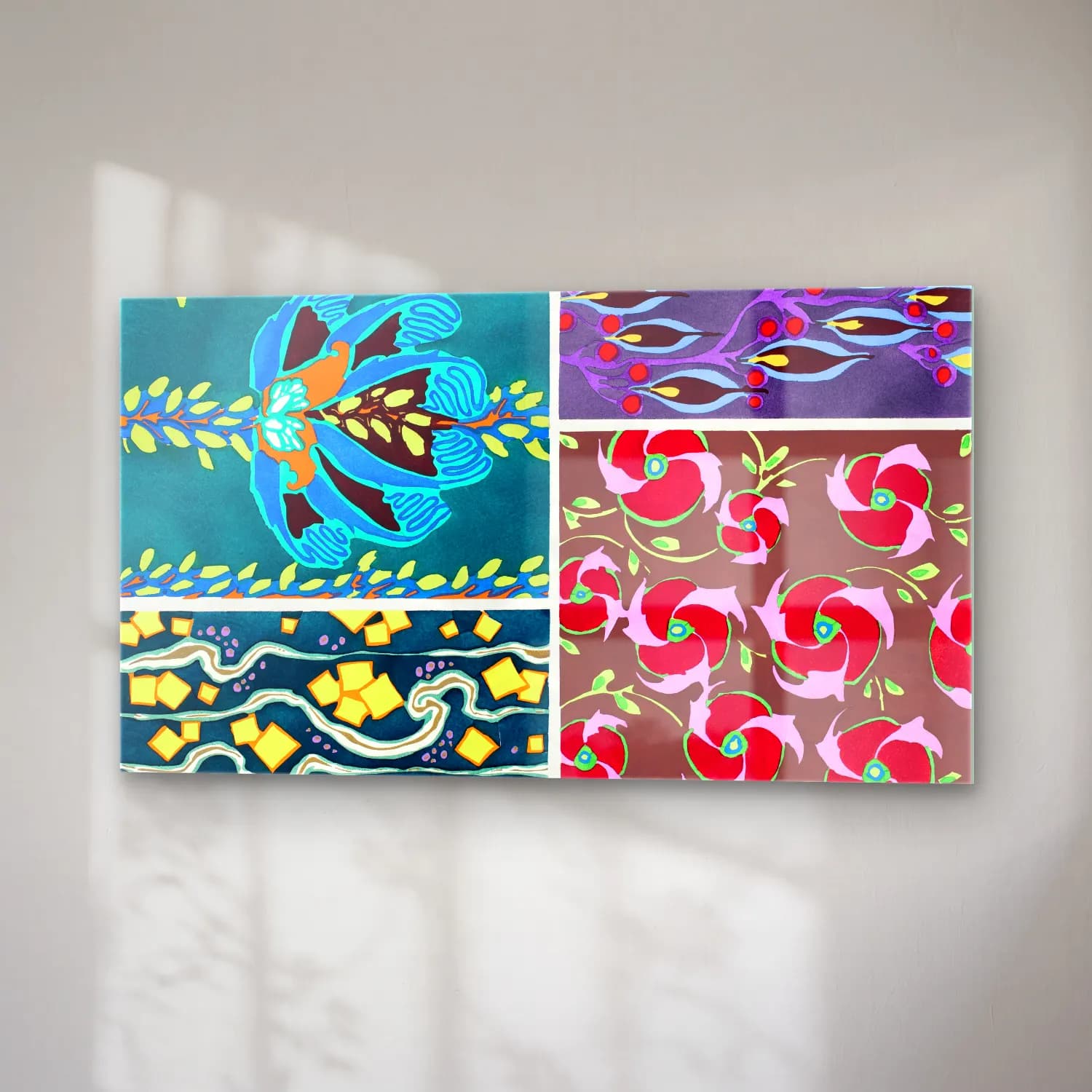 E.A. Séguy – Floral colorful background, vintage art deco & art nouveau… – Turkuaz Tonlar cam tablo — sağ açıdan görünüm