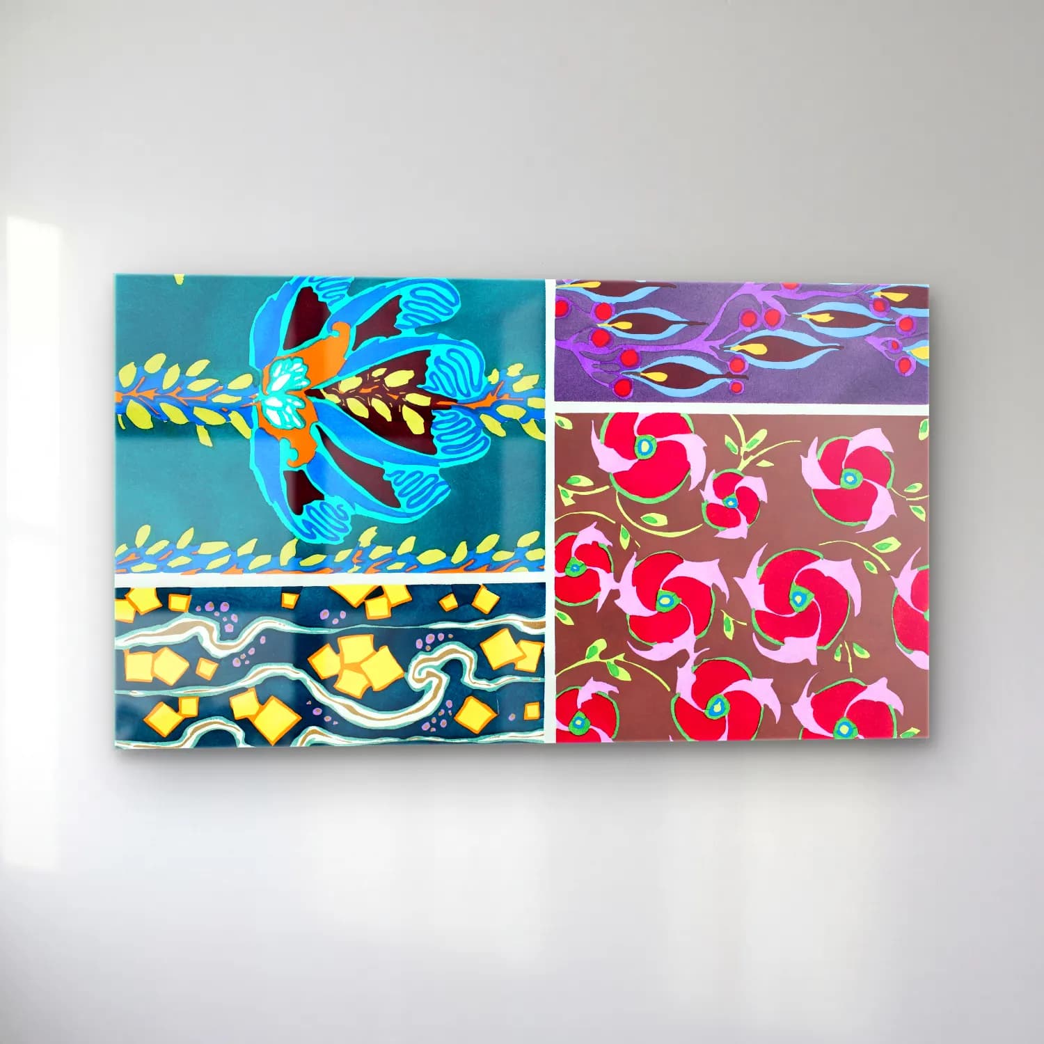 E.A. Séguy – Floral colorful background, vintage art deco & art nouveau… – Turkuaz Tonlar cam tablo — sol açıdan görünüm