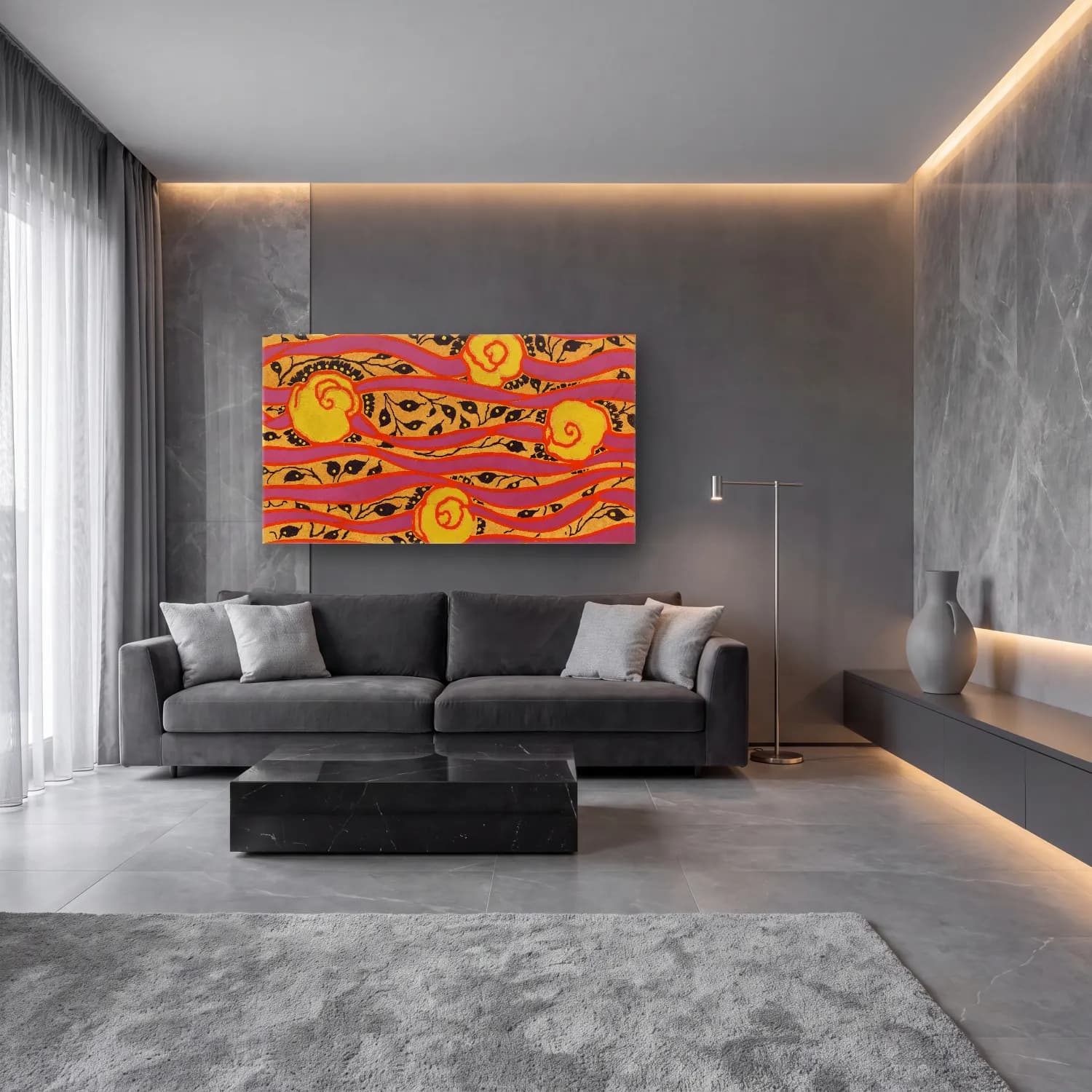 E.A. Séguy – Flower pattern Art Deco stencil print in oriental style – Sarı Tonlar cam tablo — lüks salon duvarında
