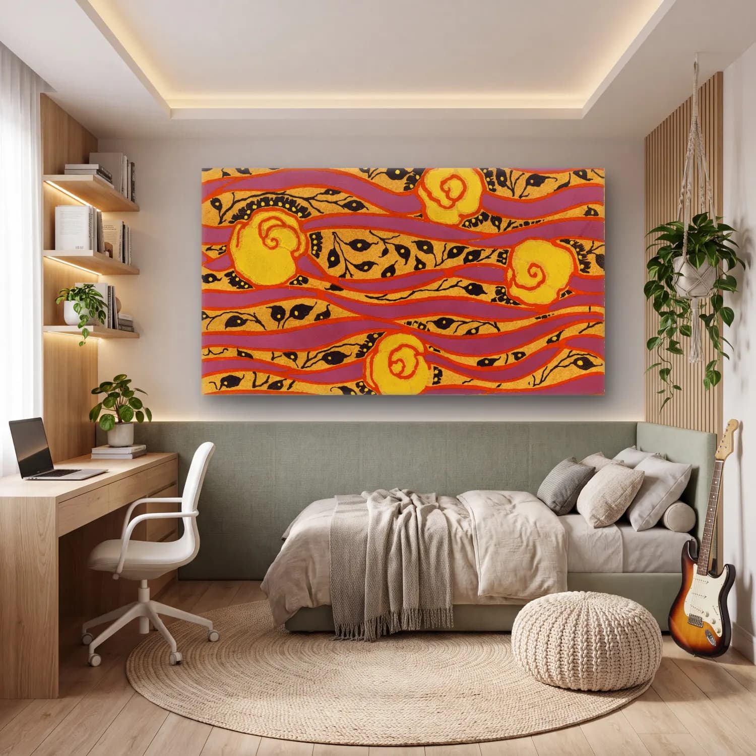 E.A. Séguy – Flower pattern Art Deco stencil print in oriental style – Sarı Tonlar cam tablo — genç odasında