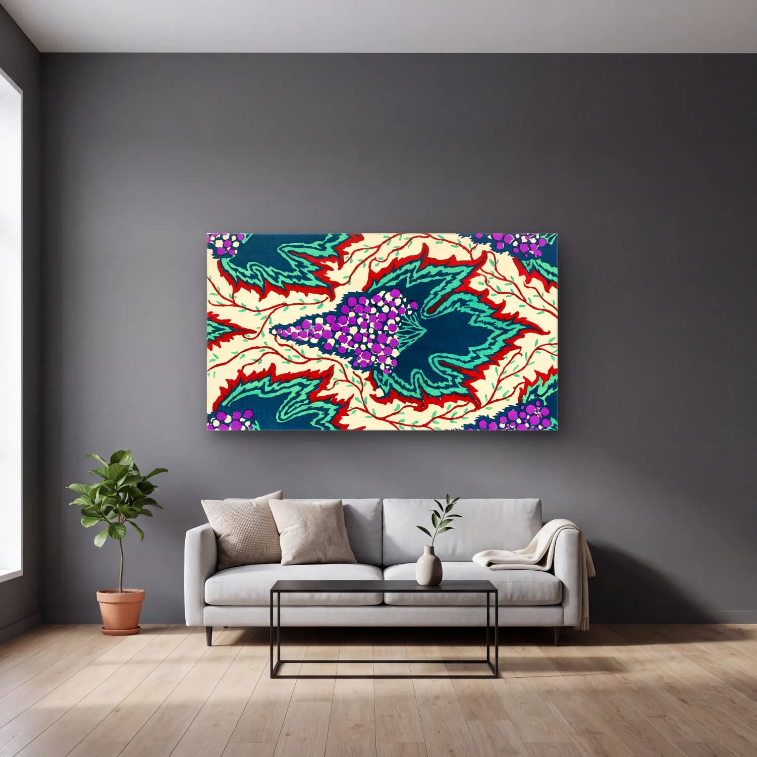 E.A. Séguy – Grape pattern Art Nouveau pochoir print in oriental style.… cam tablo — gri duvarlı salonda