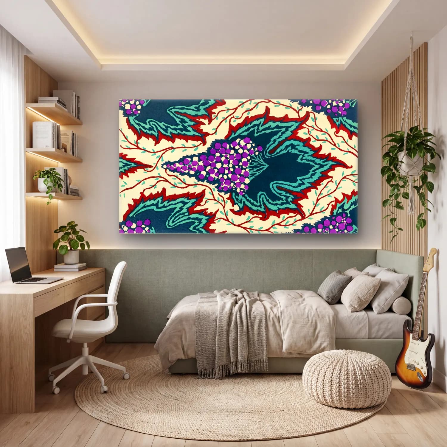 E.A. Séguy – Grape pattern Art Nouveau pochoir print in oriental style.… cam tablo — genç odasında