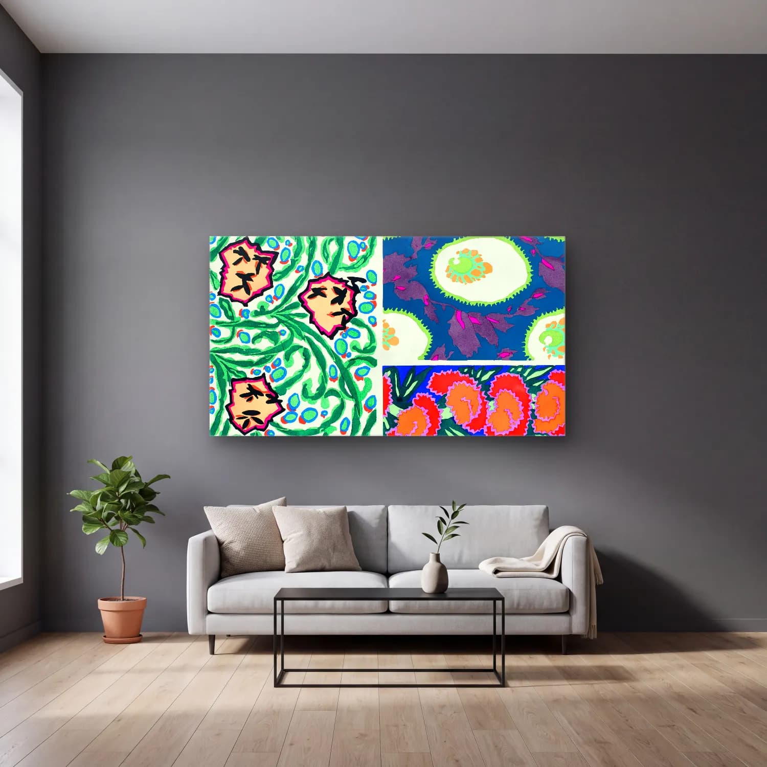 E.A. Séguy – Vintage art deco & art nouveau pattern, plate no – Yeşil Tonlar cam tablo — gri duvarlı salonda