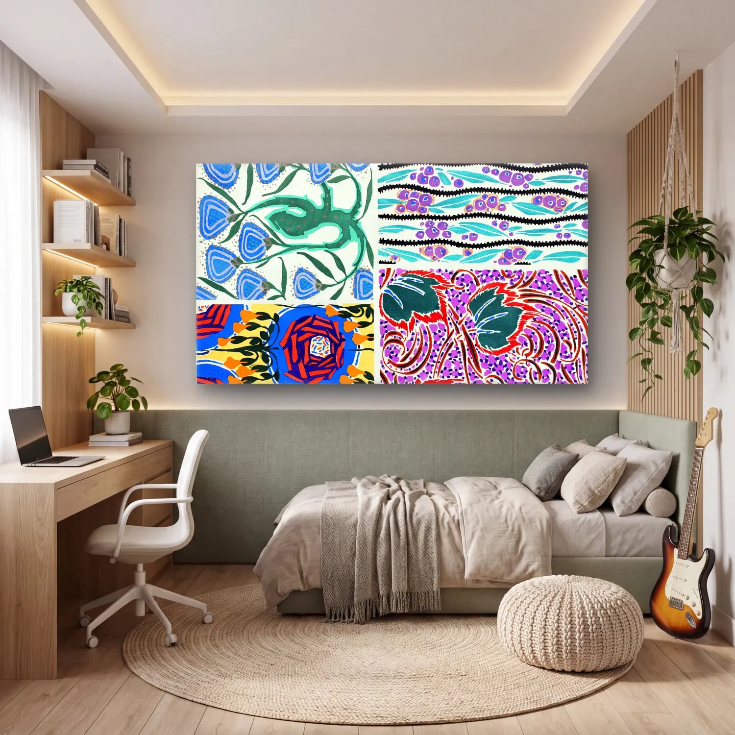 E.A. Séguy – Vintage art deco & art nouveau pattern, plate no – Mor Tonlar cam tablo — genç odasında