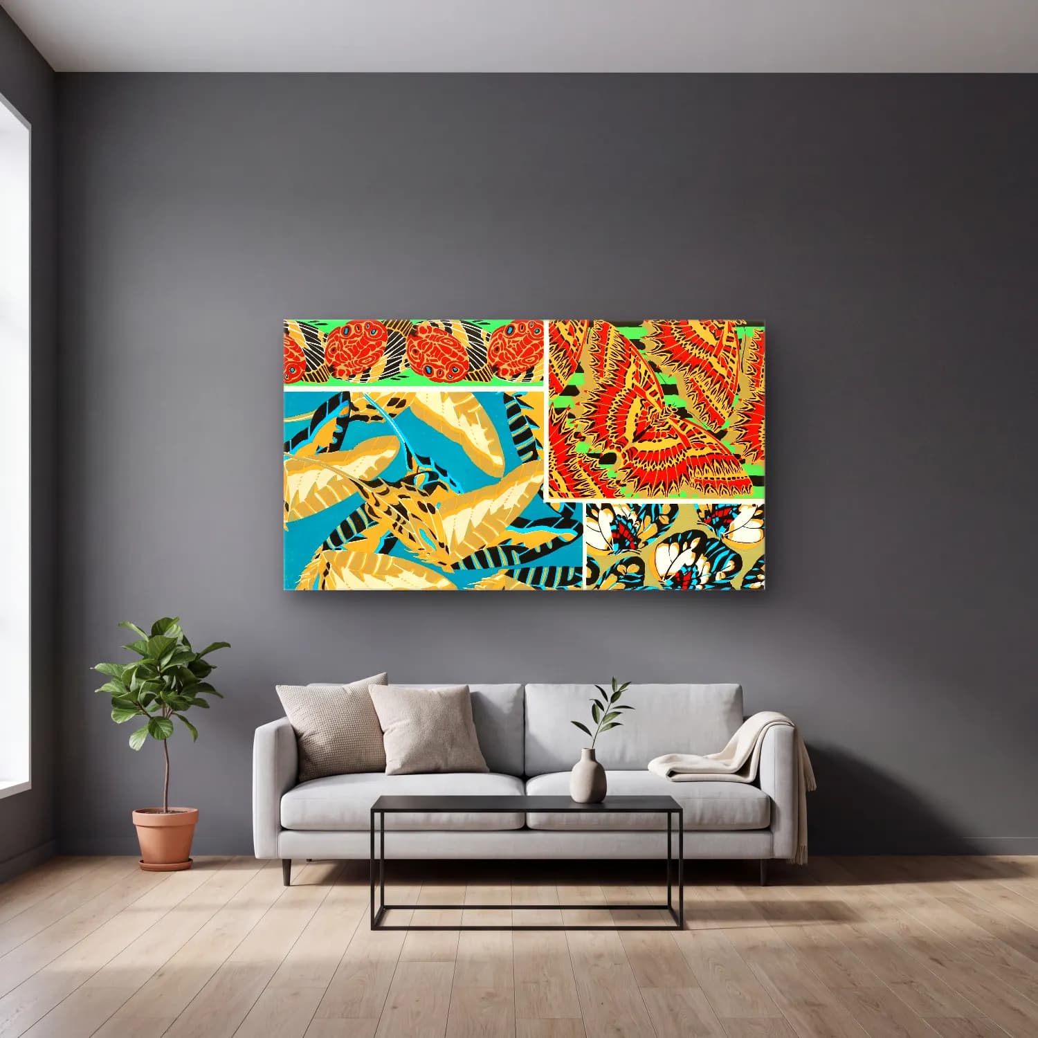 E.A. Séguy – vintage butterflies pattern art deco from Papillons cam tablo — gri duvarlı salonda