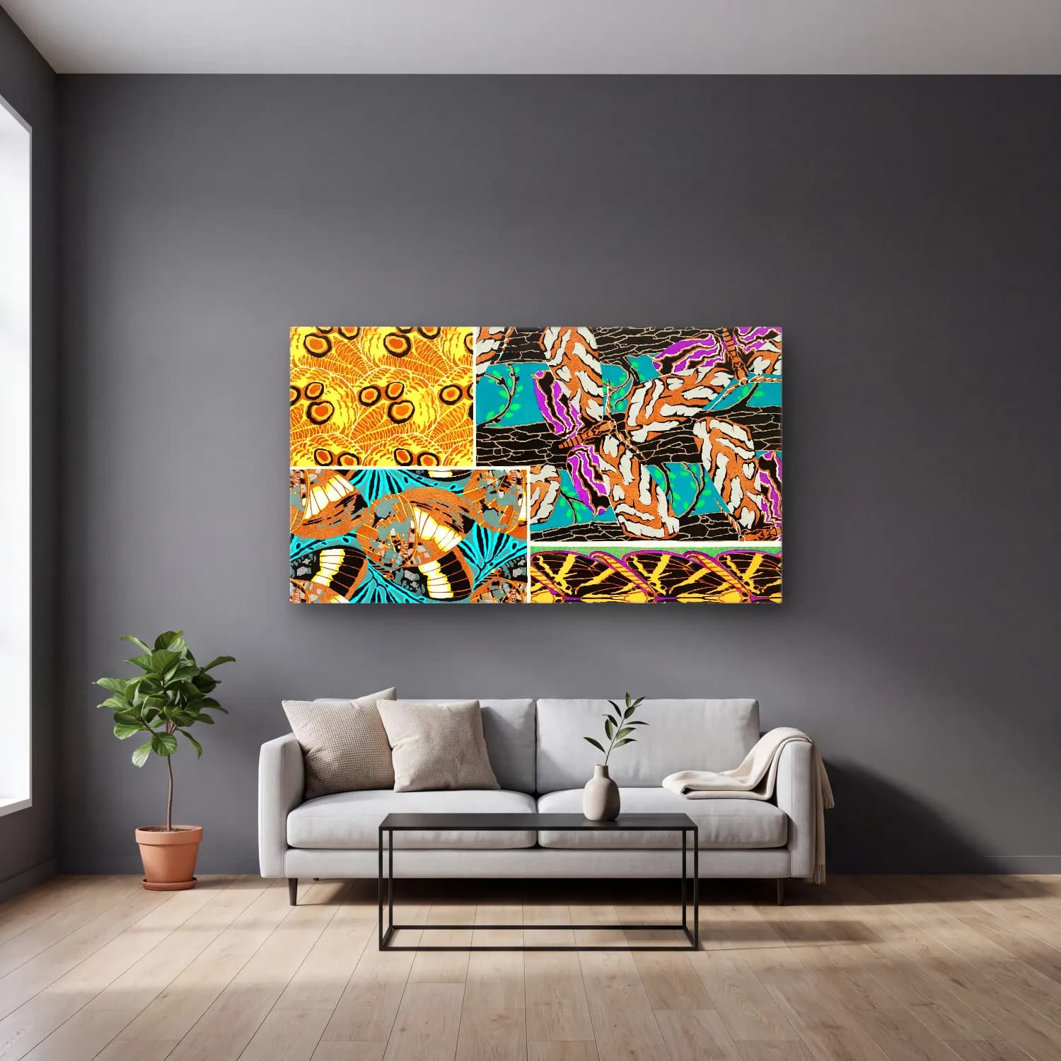 E.A. Séguy – vintage butterflies pattern art deco from Papillons – Sarı Tonlar cam tablo — gri duvarlı salonda