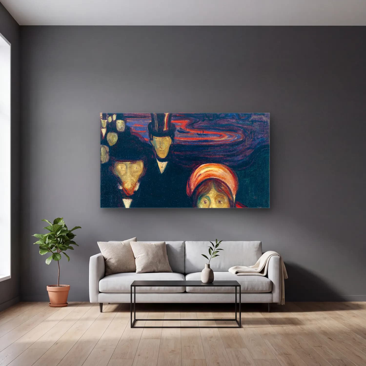 Edvard Munch – Anxiety cam tablo — gri duvarlı salonda