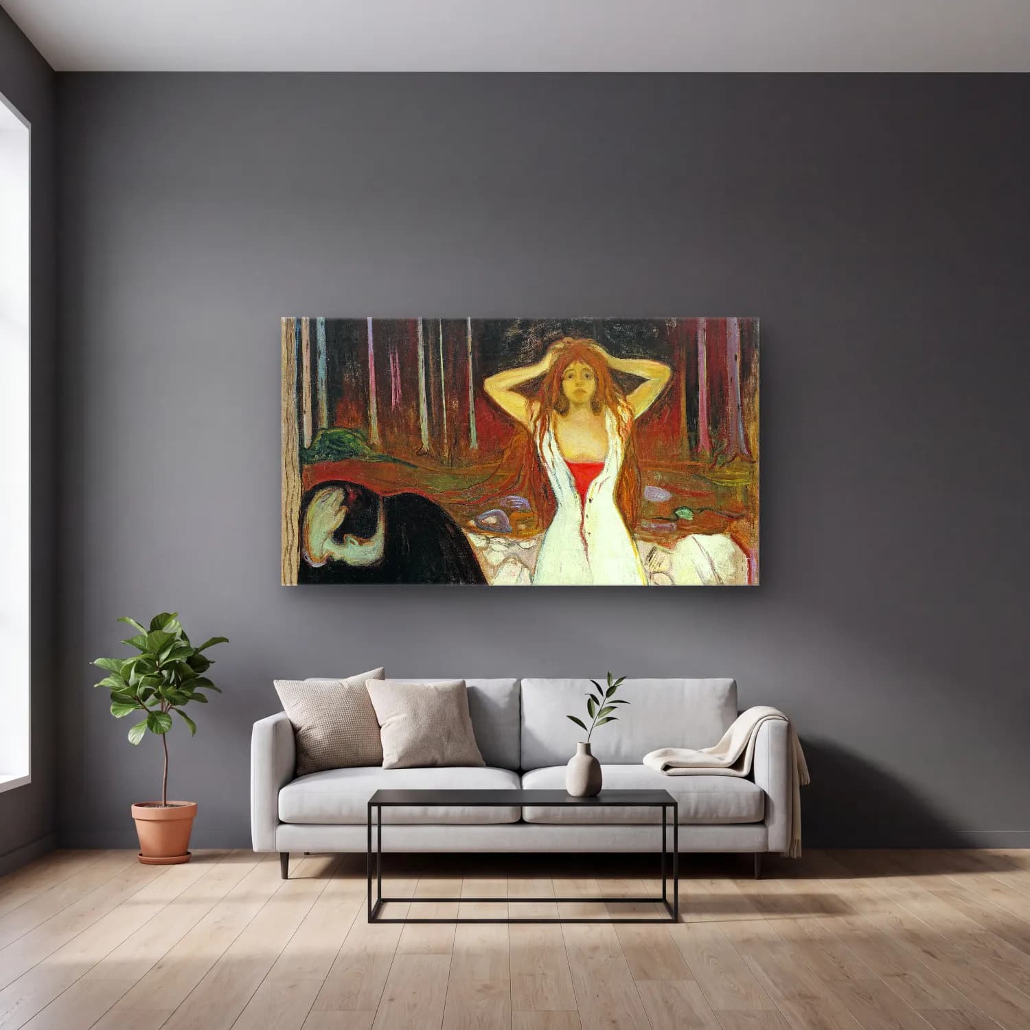 Edvard Munch – Ashes cam tablo — gri duvarlı salonda