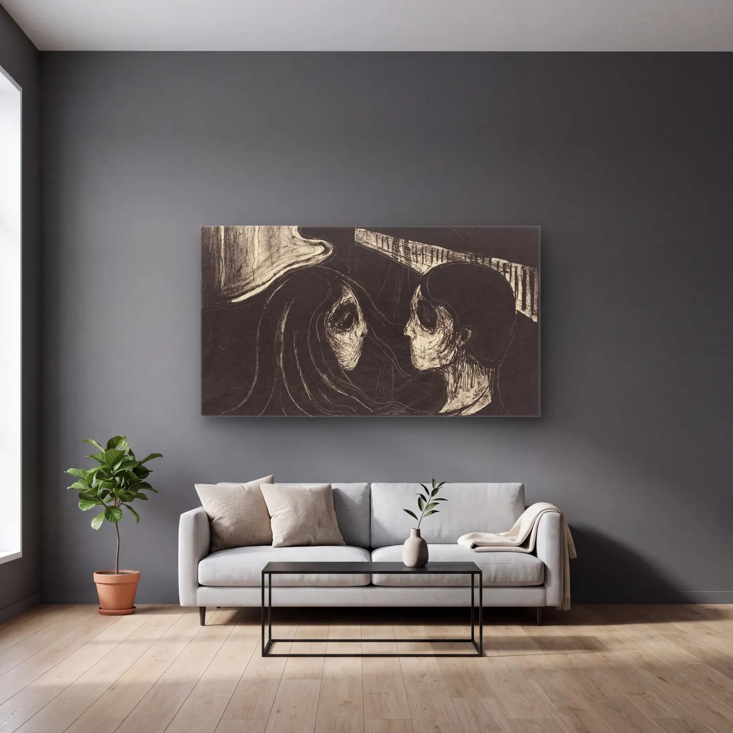 Edvard Munch – Attraction I cam tablo — gri duvarlı salonda