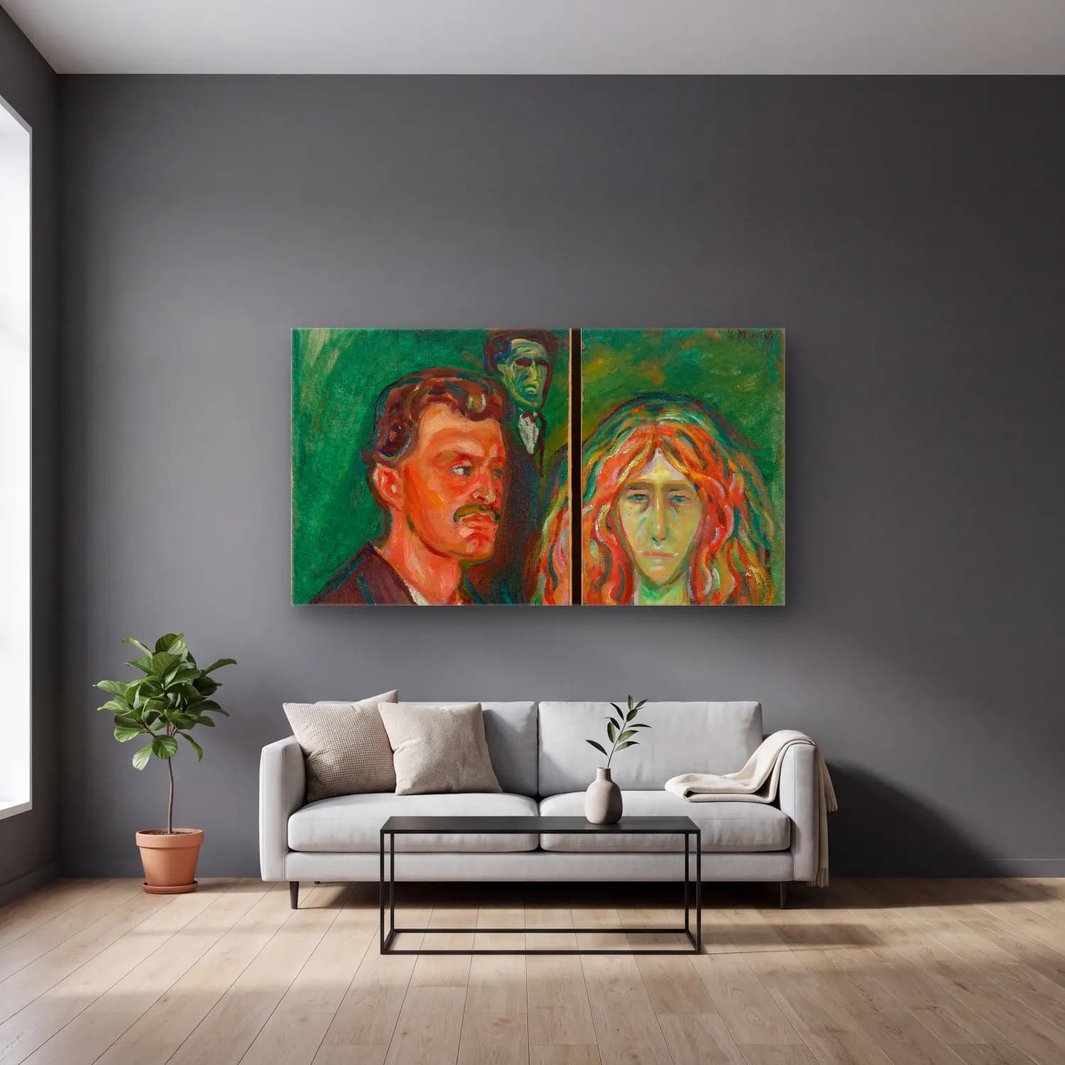 Edvard Munch – Caricature Portrait of Tulla Larsen cam tablo — gri duvarlı salonda