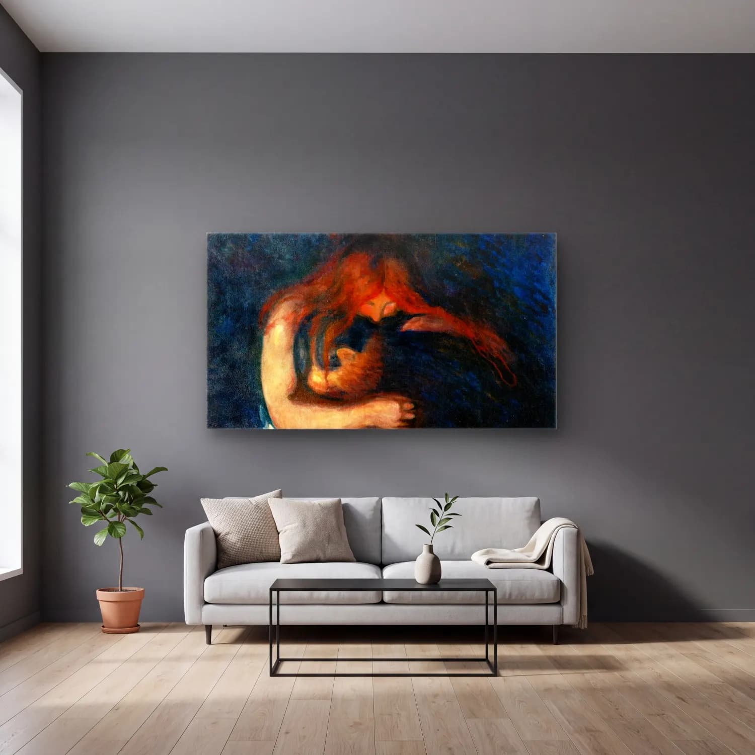 Edvard Munch – Edvard Munch - Vampire cam tablo — gri duvarlı salonda