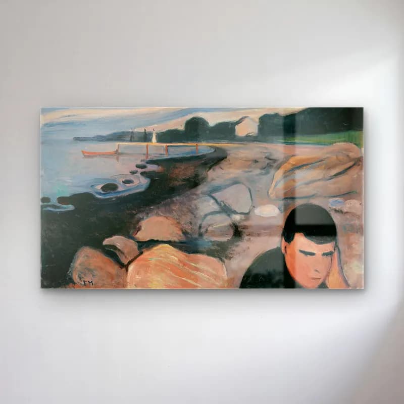 Edvard Munch – Melankoli cam tablo — Edvard Munch – Melankoli — yağlı boya sahilde i̇nsanlar
