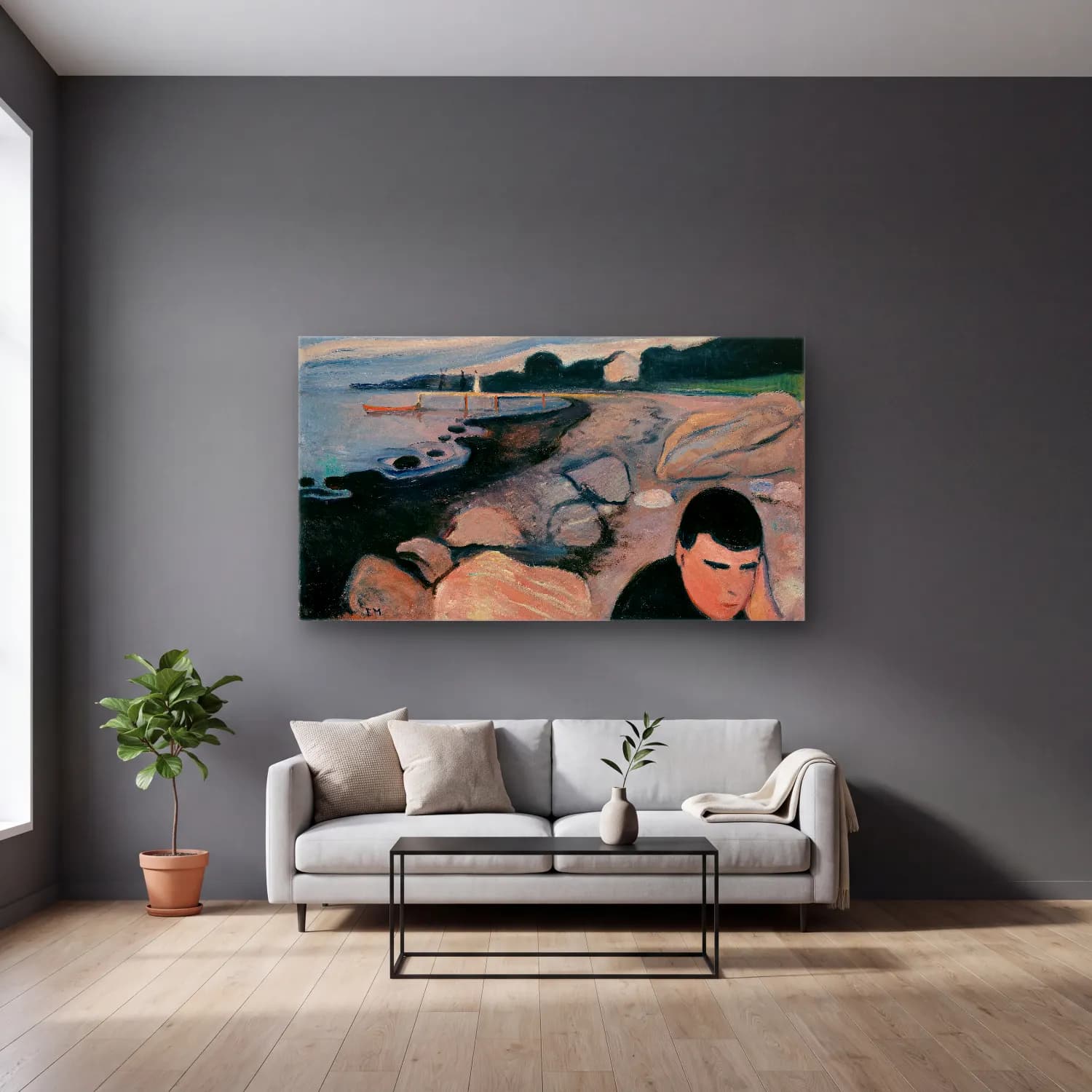 Edvard Munch – Melankoli cam tablo — gri duvarlı salonda