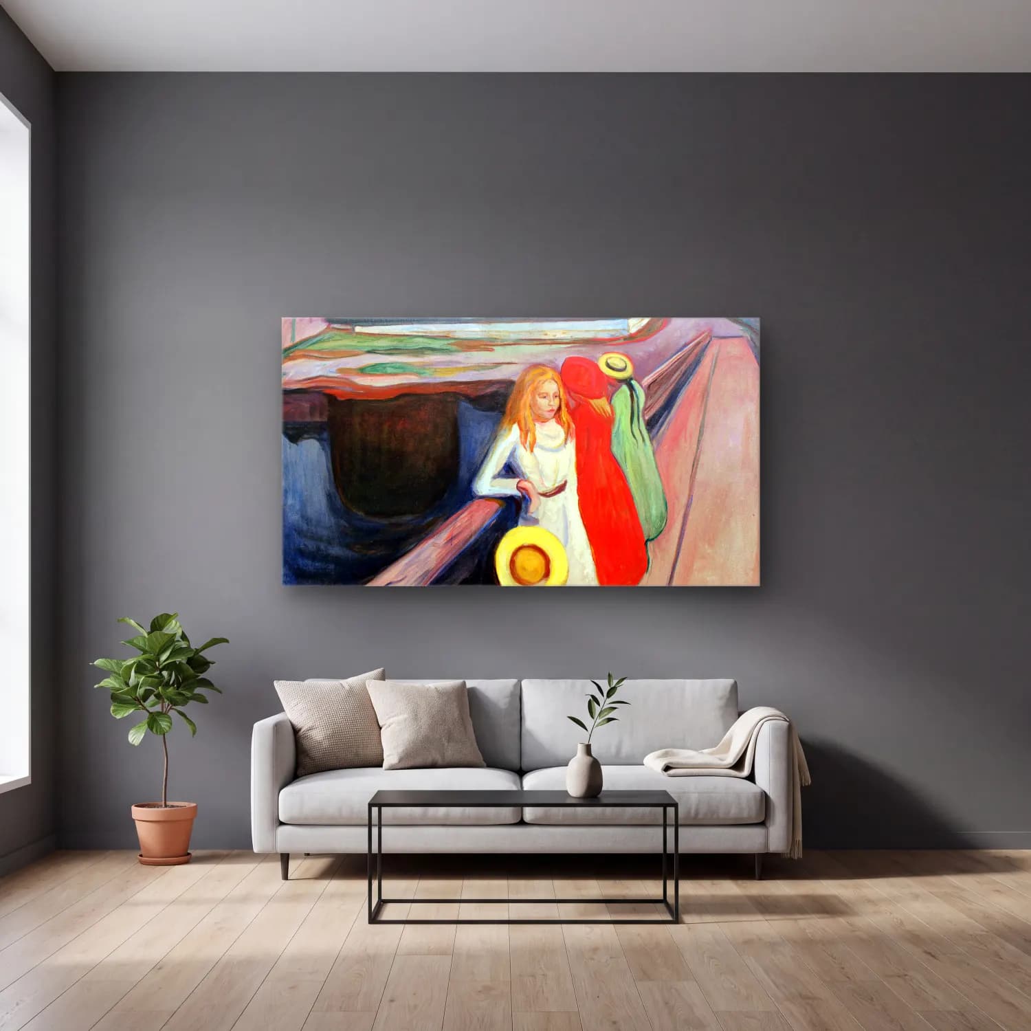 Edvard Munch – Mädchen auf der Brücke cam tablo — gri duvarlı salonda