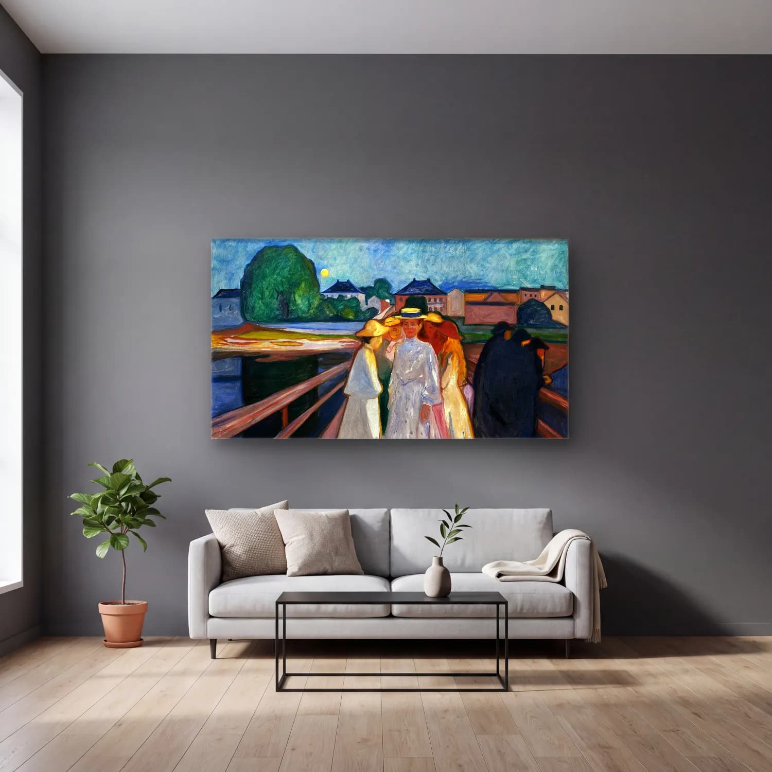 Edvard Munch – On the Bridge cam tablo — gri duvarlı salonda
