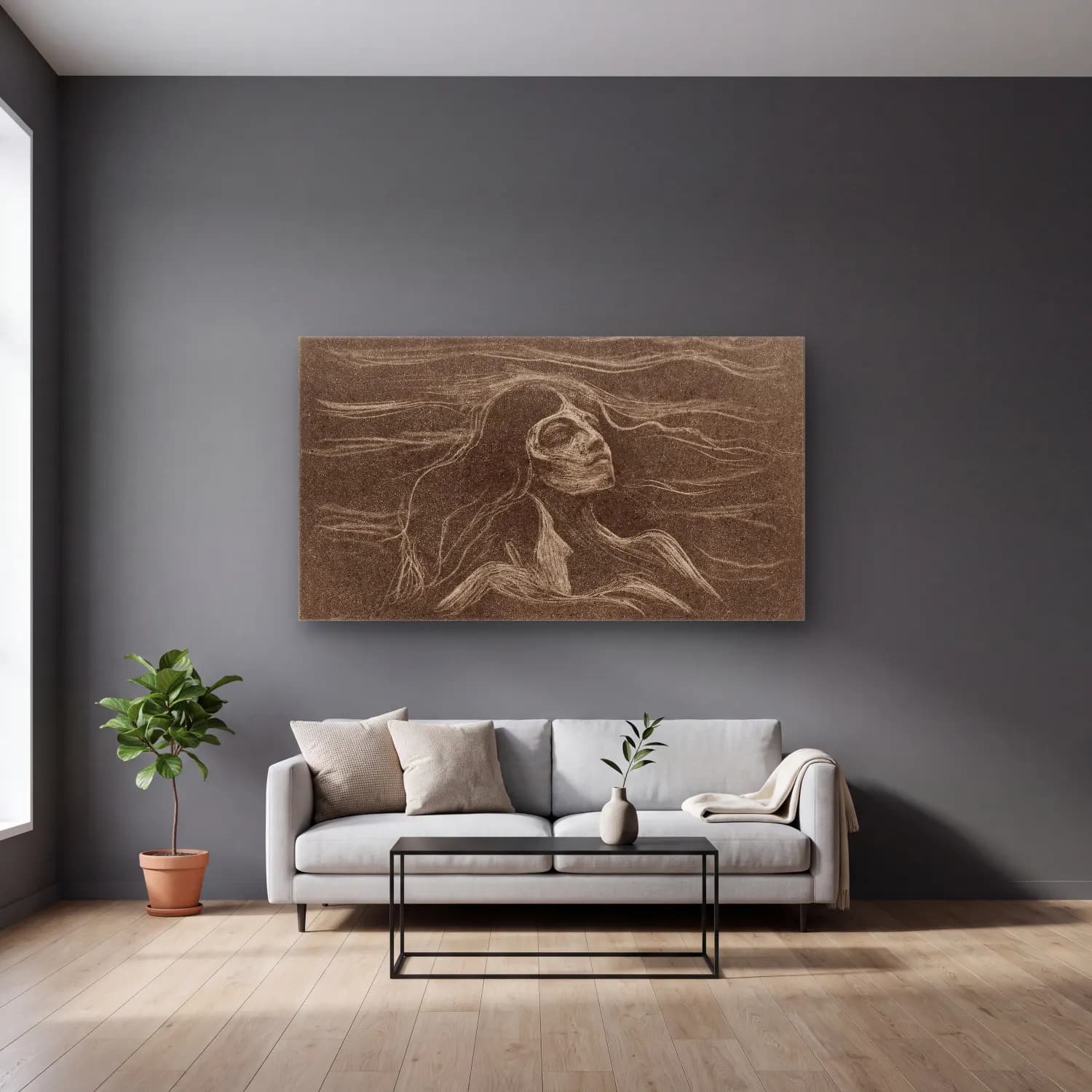 Edvard Munch – On the Waves of Love cam tablo — gri duvarlı salonda