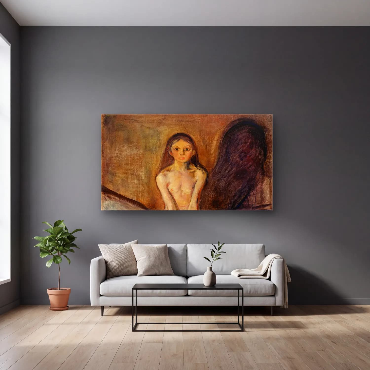 Edvard Munch – Puberty cam tablo — gri duvarlı salonda
