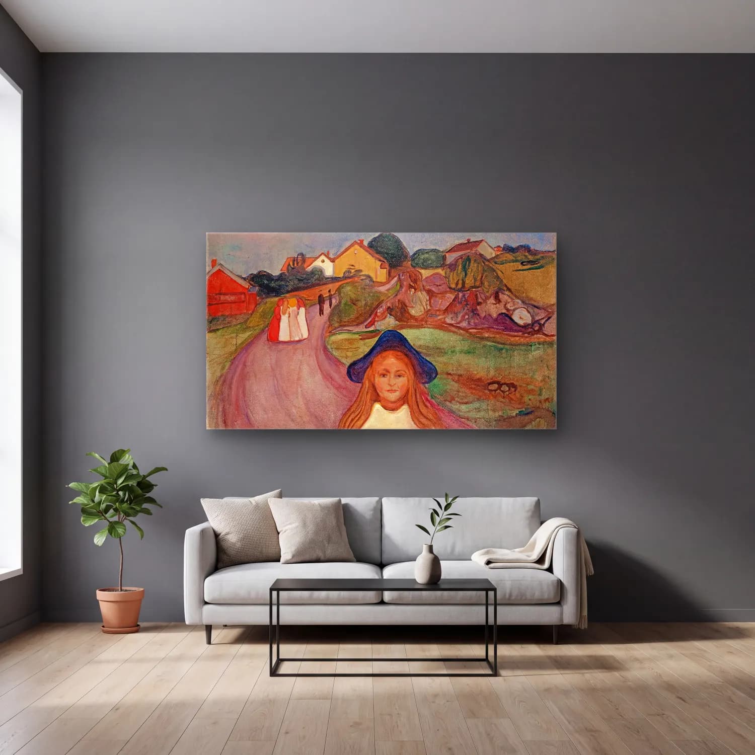 Edvard Munch – Road in Aasgaardstrand cam tablo — gri duvarlı salonda