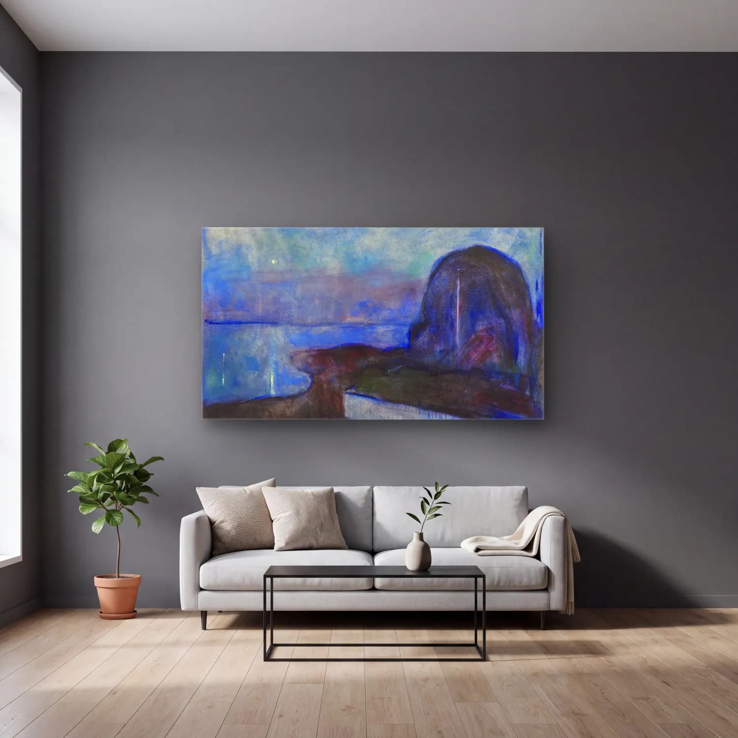 Edvard Munch – Starry Night cam tablo — gri duvarlı salonda