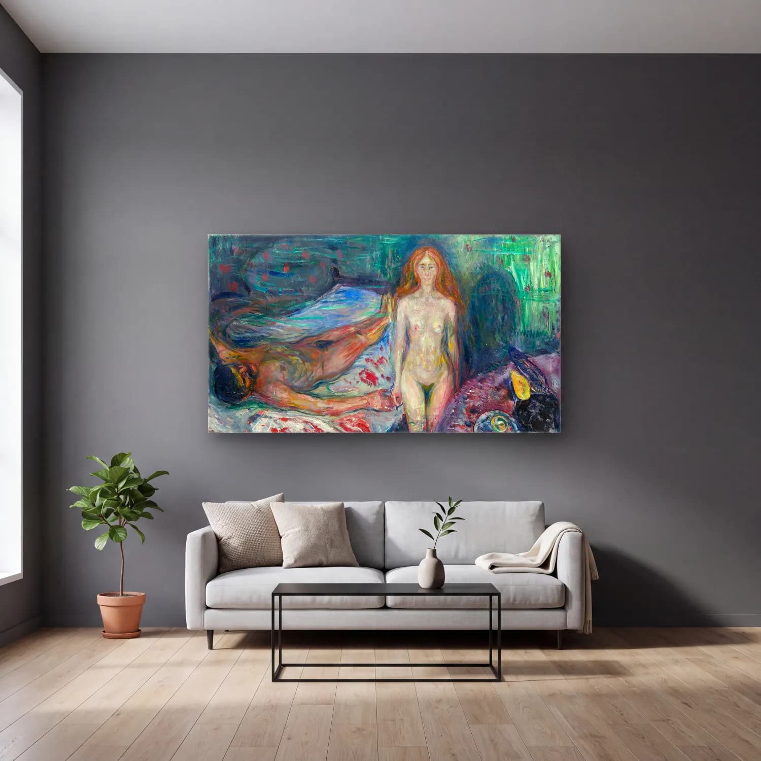 Edvard Munch – The Death of Marat cam tablo — gri duvarlı salonda