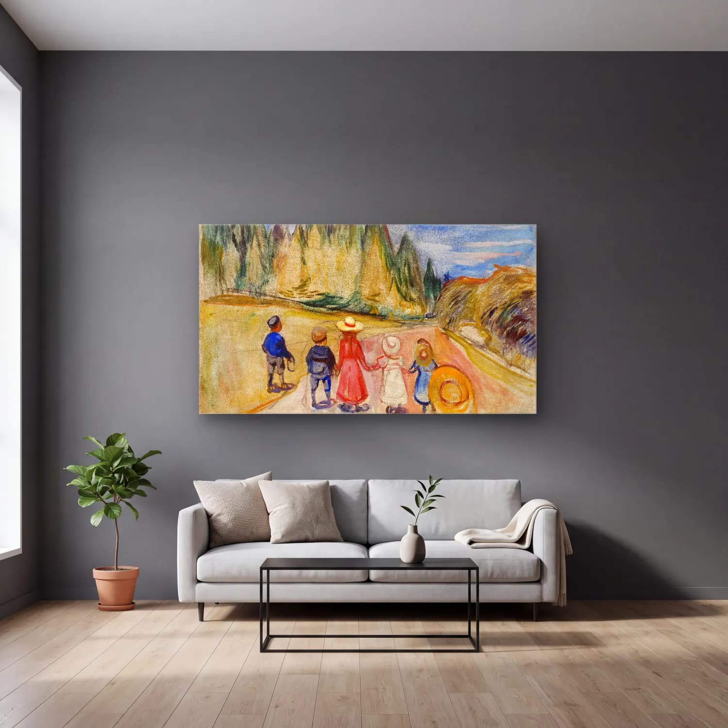 Edvard Munch – The Fairytale Forest cam tablo — gri duvarlı salonda