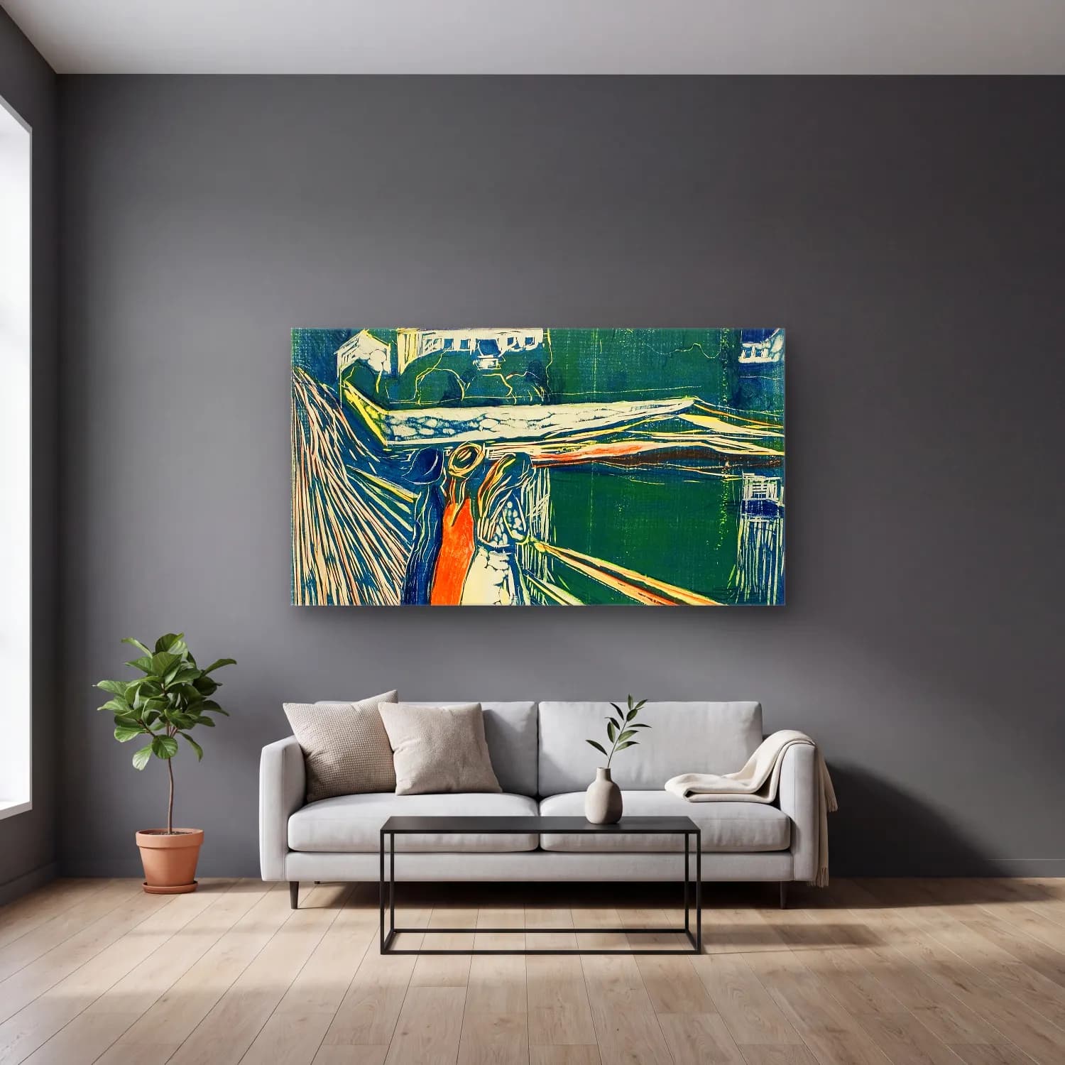 Edvard Munch – The Girls on the Bridge cam tablo — gri duvarlı salonda