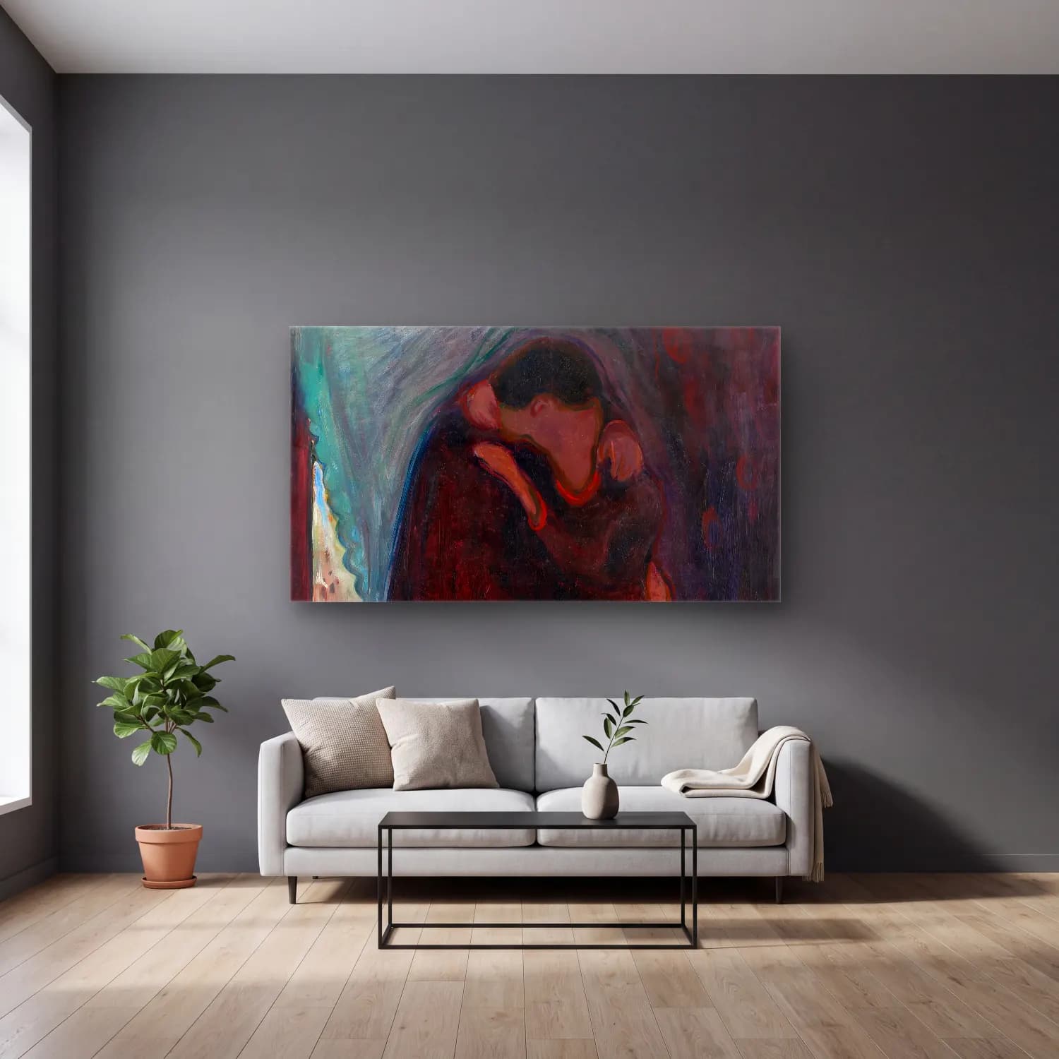 Edvard Munch – The Kiss – Kırmızı Tonlar cam tablo — gri duvarlı salonda