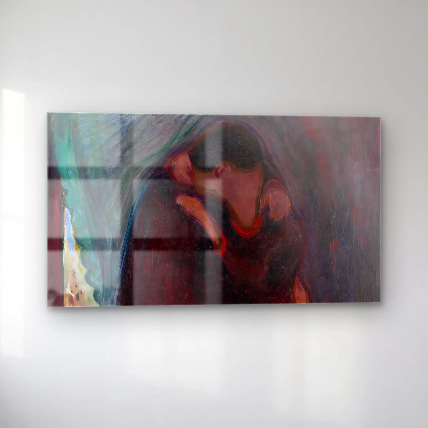 Edvard Munch – The Kiss – Kırmızı Tonlar cam tablo — sol açıdan görünüm
