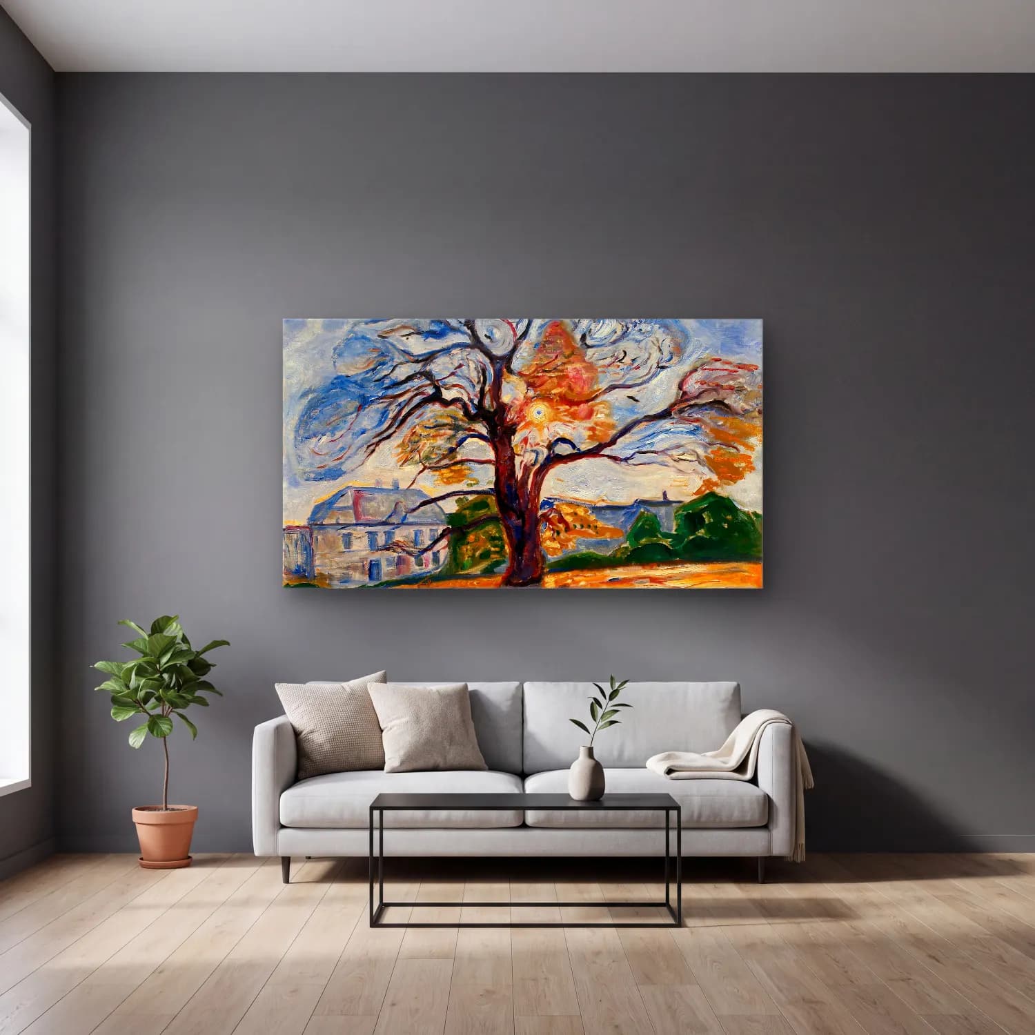Edvard Munch – The Oak Thielska cam tablo — gri duvarlı salonda