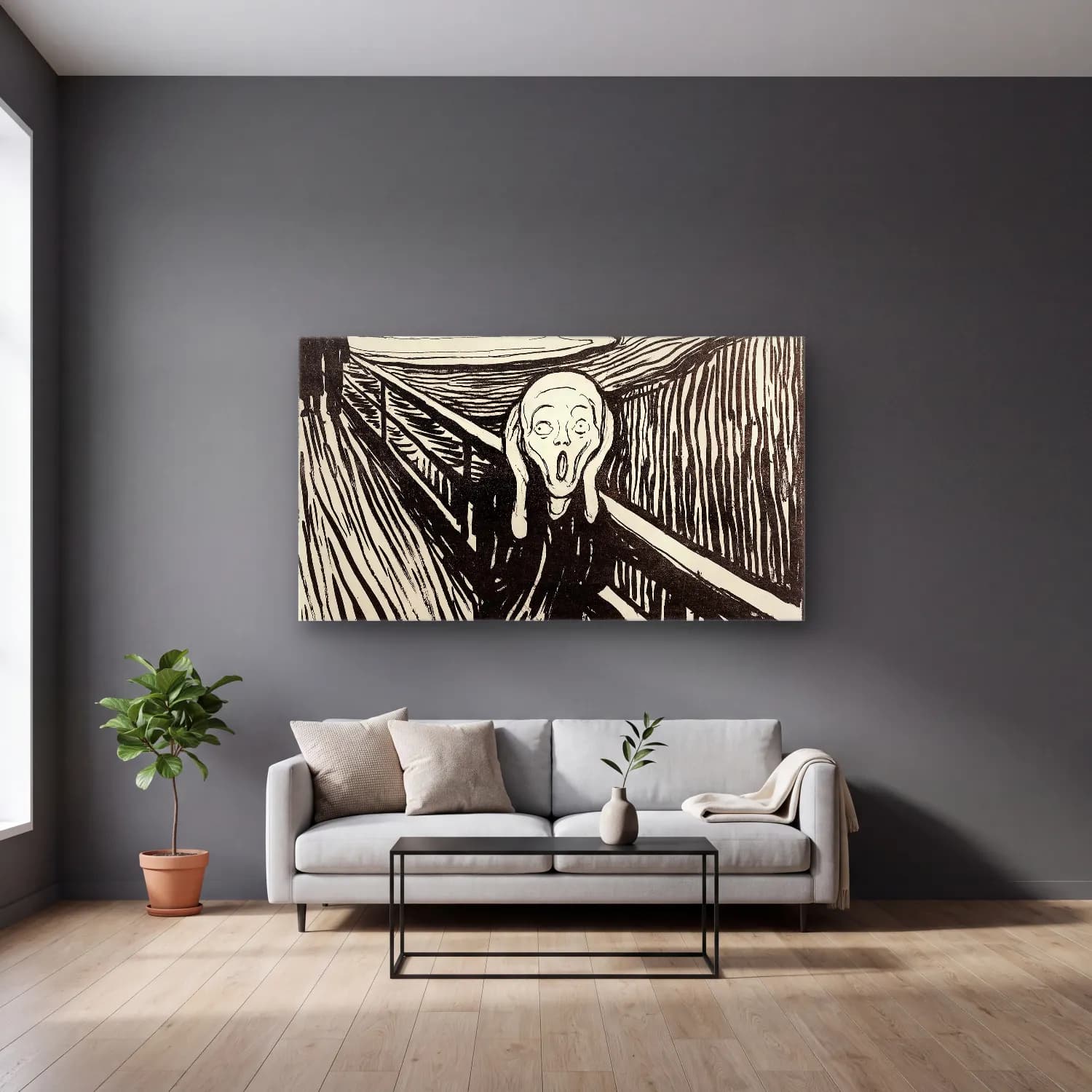 Edvard Munch – The Scream cam tablo — gri duvarlı salonda