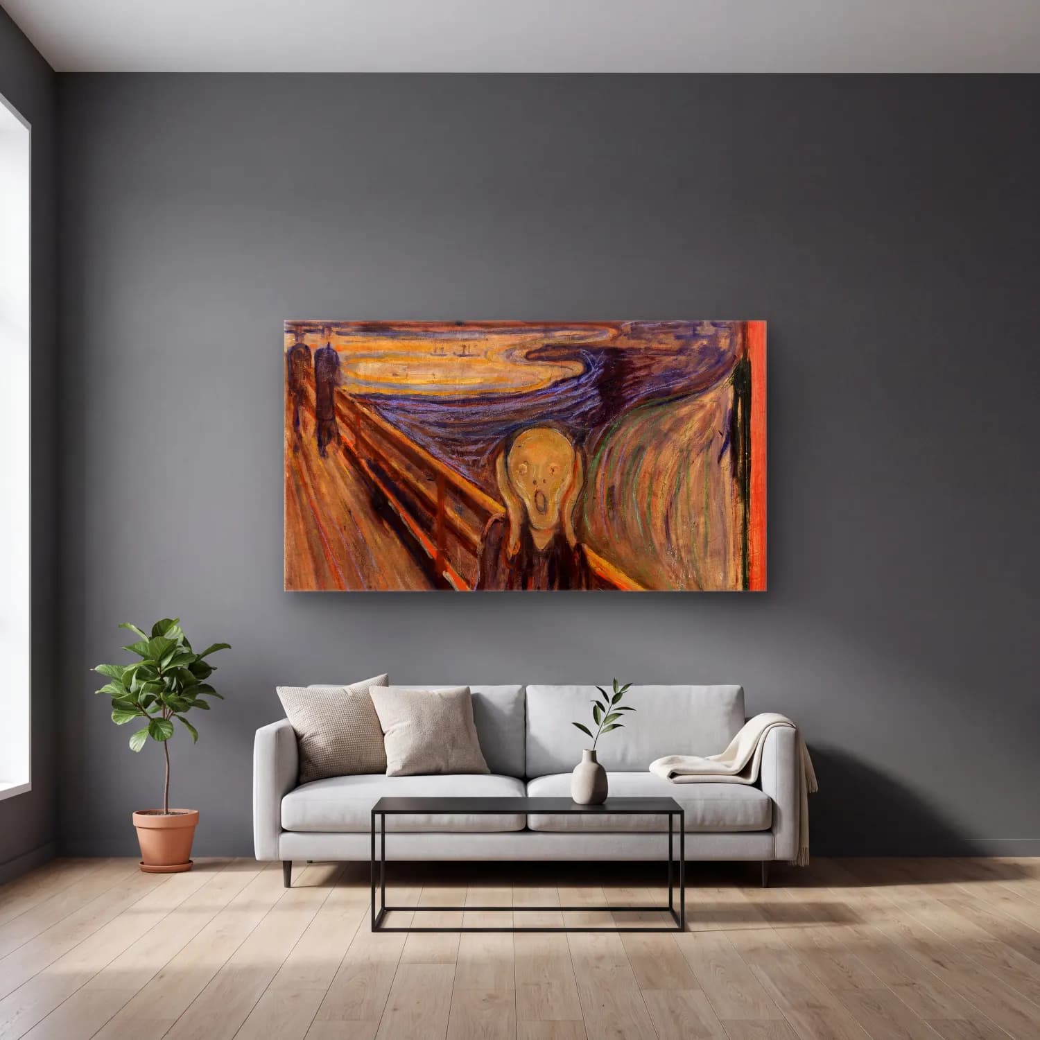 Edvard Munch – The Scream – Sarı Tonlar cam tablo — gri duvarlı salonda