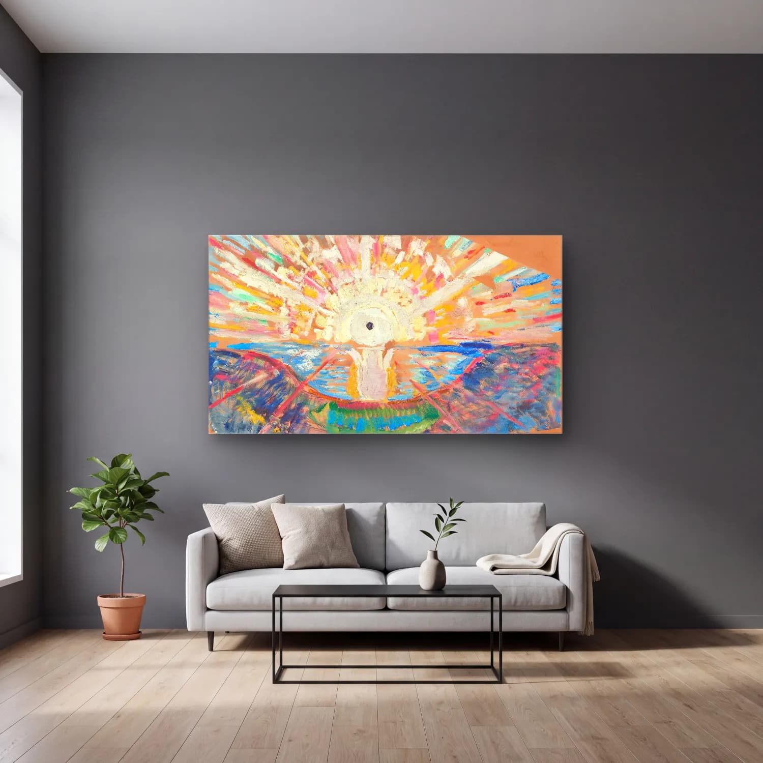 Edvard Munch – The Sun cam tablo — gri duvarlı salonda