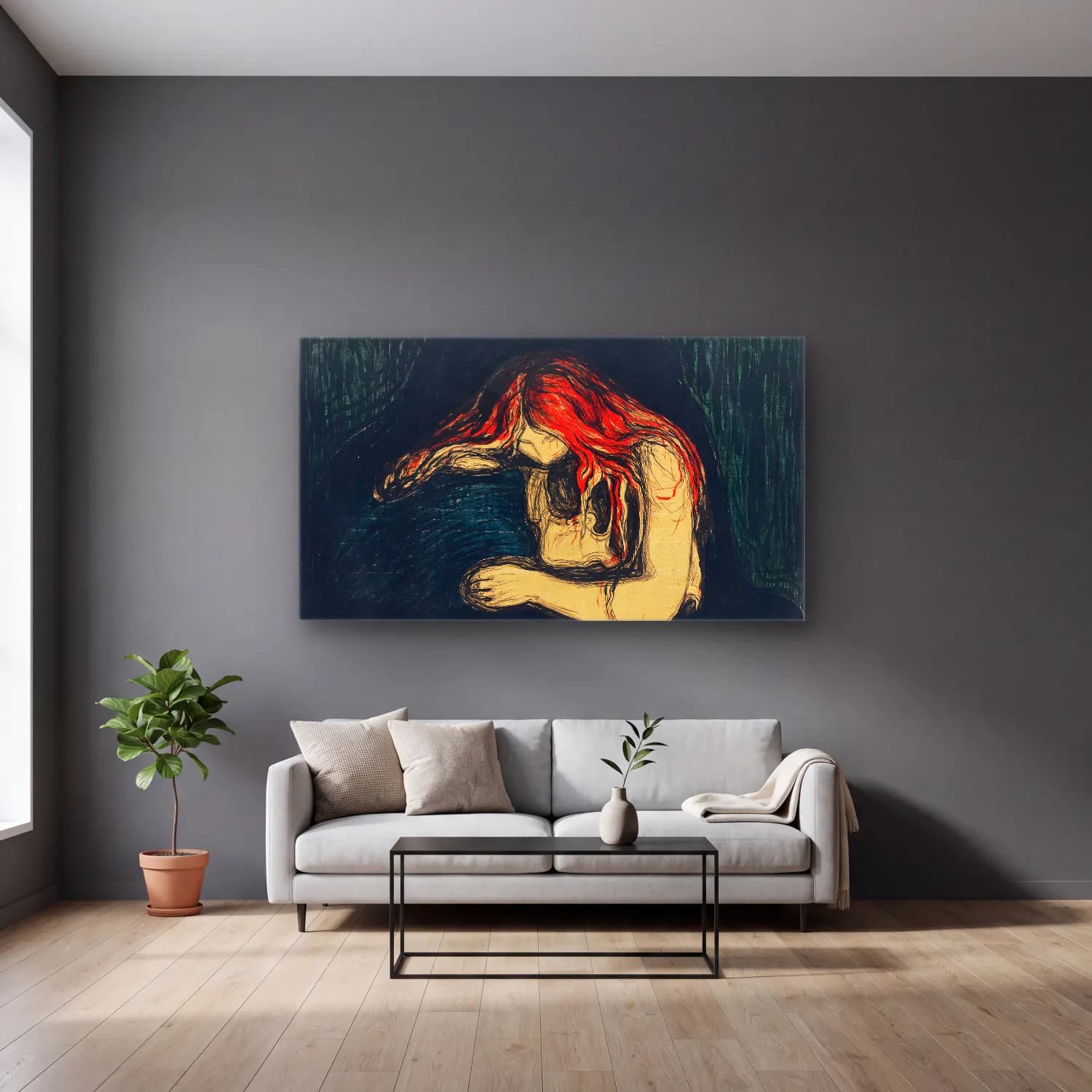 Edvard Munch – The Vampire II cam tablo — gri duvarlı salonda