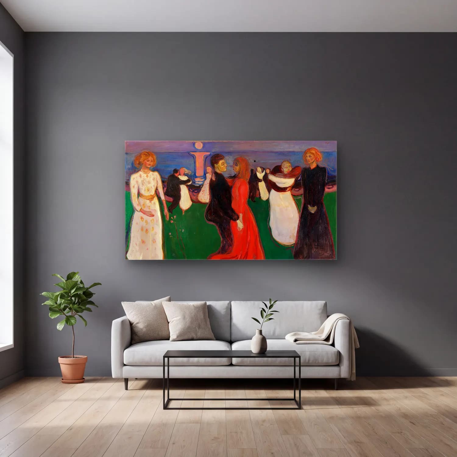 Edvard Munch – The dance of life cam tablo — gri duvarlı salonda