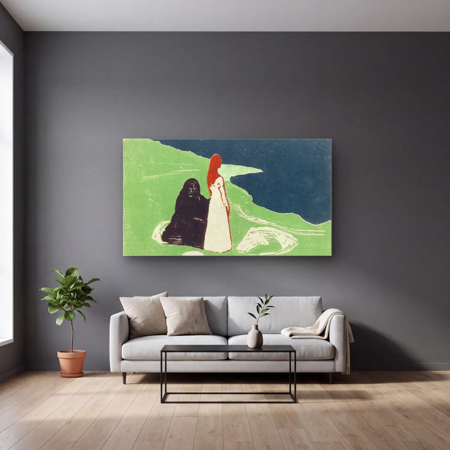 Edvard Munch – Two Women on the Shore cam tablo — gri duvarlı salonda