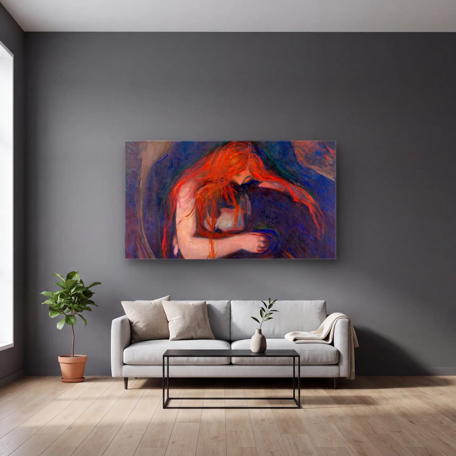 Edvard Munch – Vampire cam tablo — gri duvarlı salonda