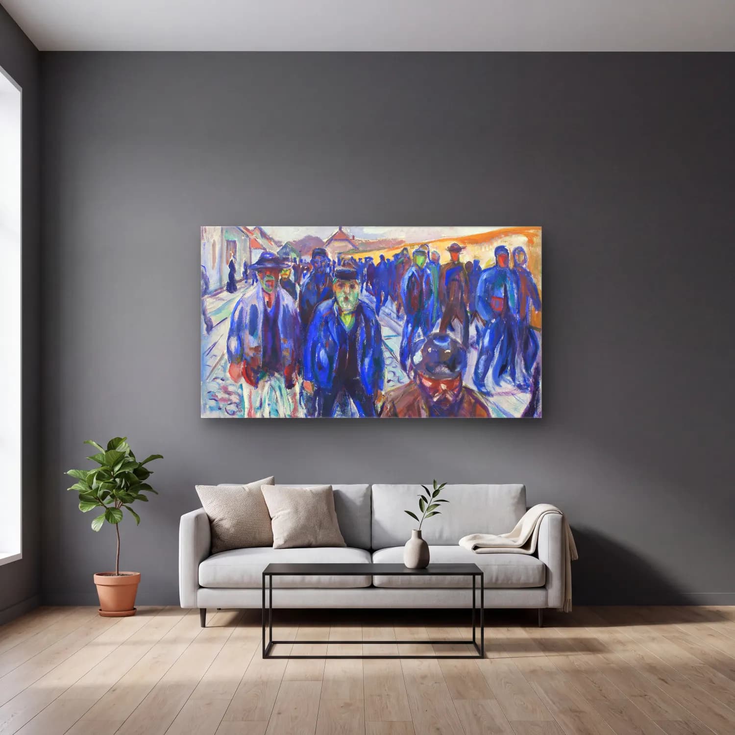 Edvard Munch – Workers on their Way Home cam tablo — gri duvarlı salonda