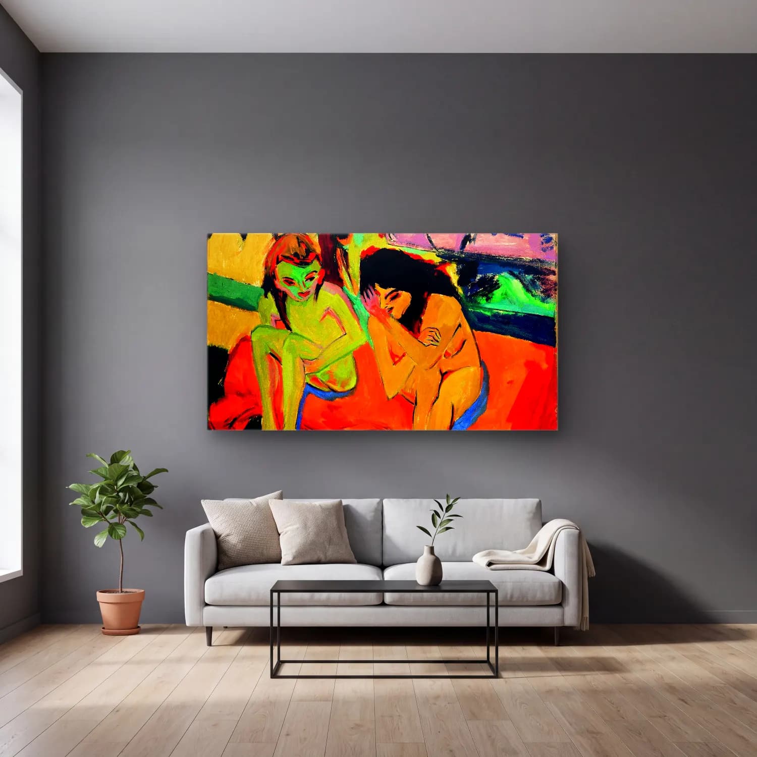 Ernst Ludwig Kirchner – Nackte Mädchen unterhalten sich cam tablo — gri duvarlı salonda