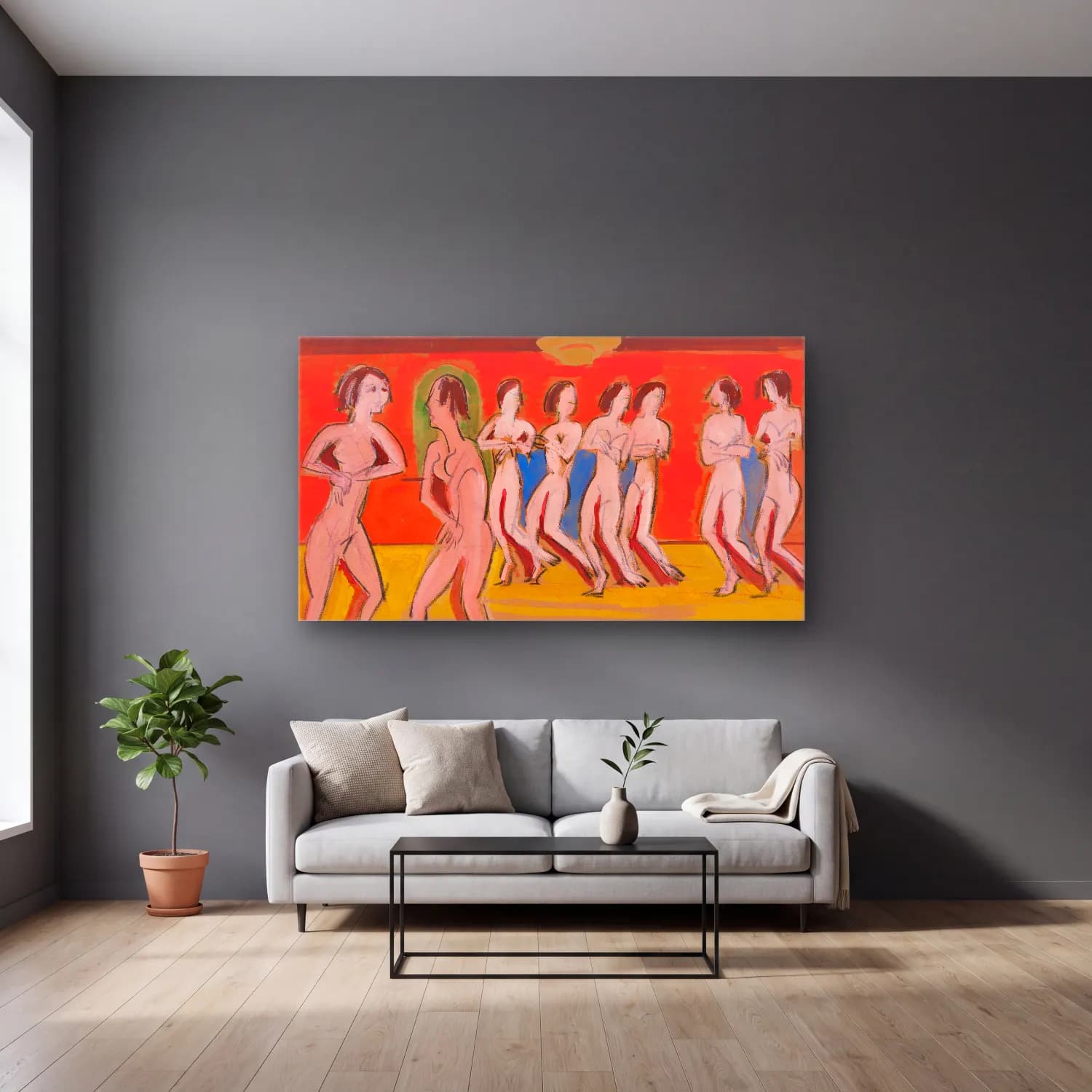 Ernst Ludwig Kirchner – Tanzschule Wigman cam tablo — gri duvarlı salonda