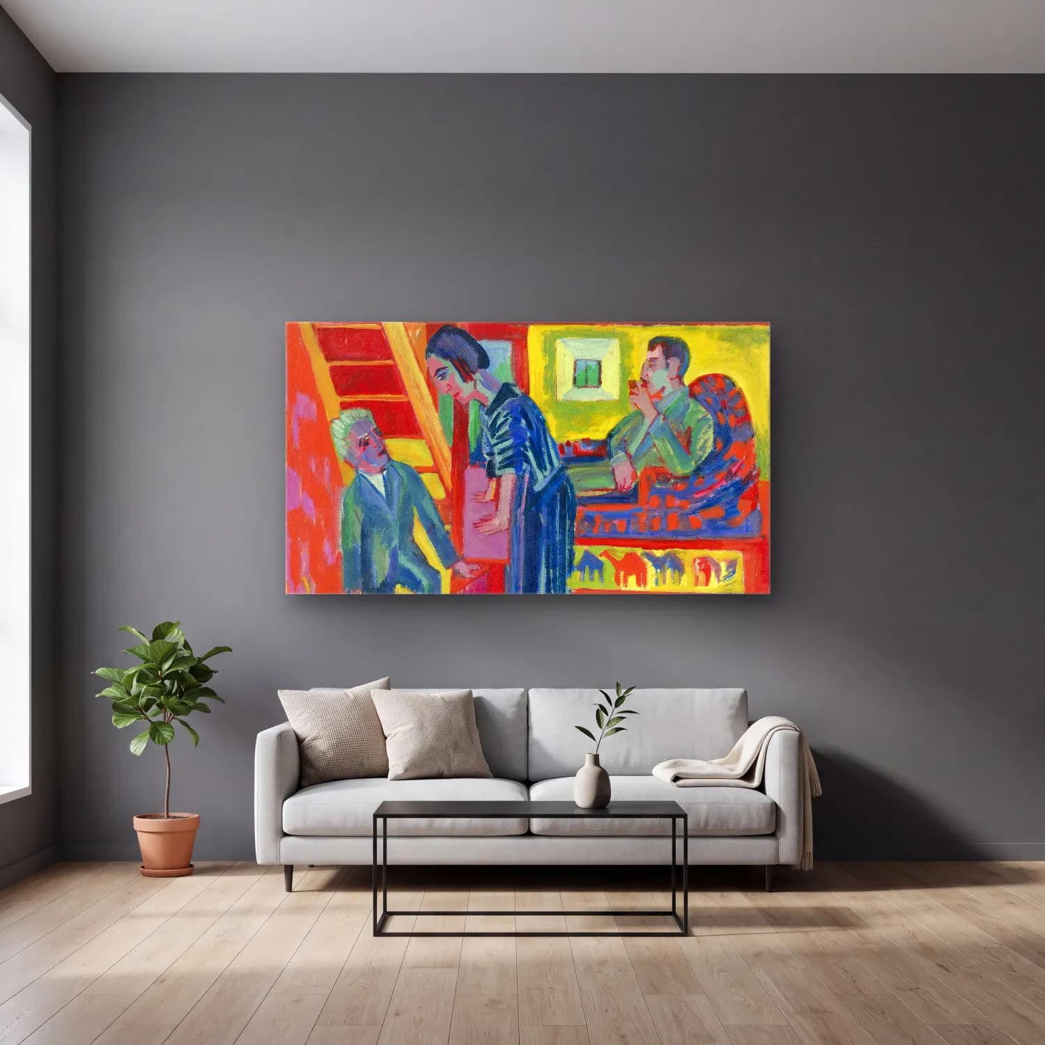 Ernst Ludwig Kirchner – The Visit – Couple and Newcomer cam tablo — gri duvarlı salonda