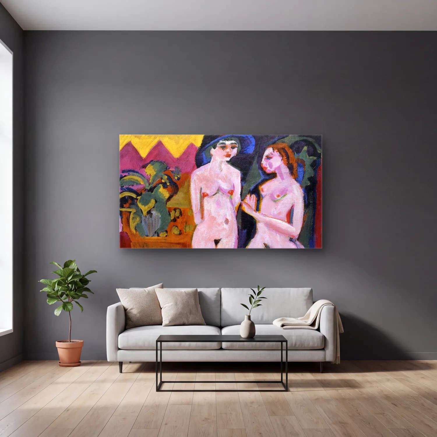 Ernst Ludwig Kirchner – Two Nudes in a Room cam tablo — gri duvarlı salonda