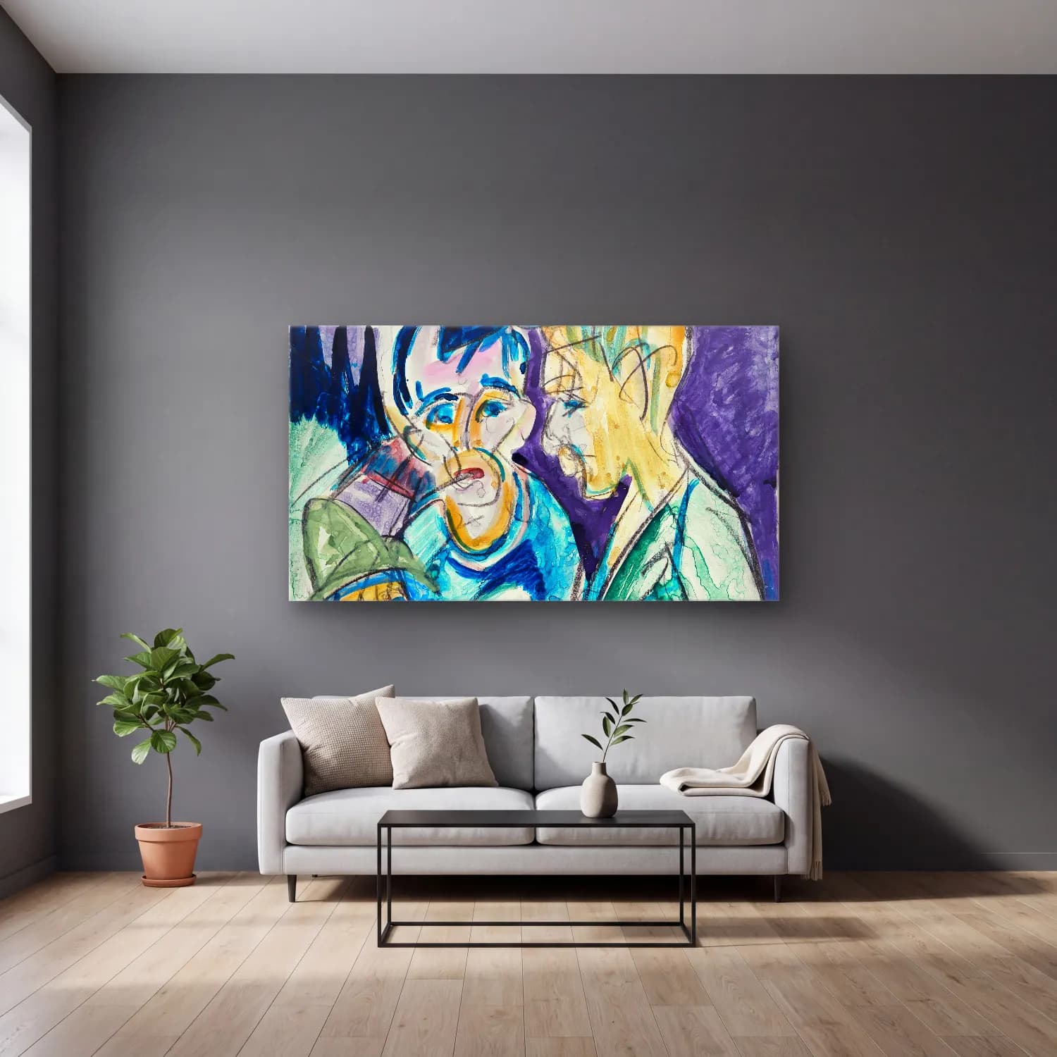 Ernst Ludwig Kirchner – Zwei Bauern und Junge am Brunnen cam tablo — gri duvarlı salonda