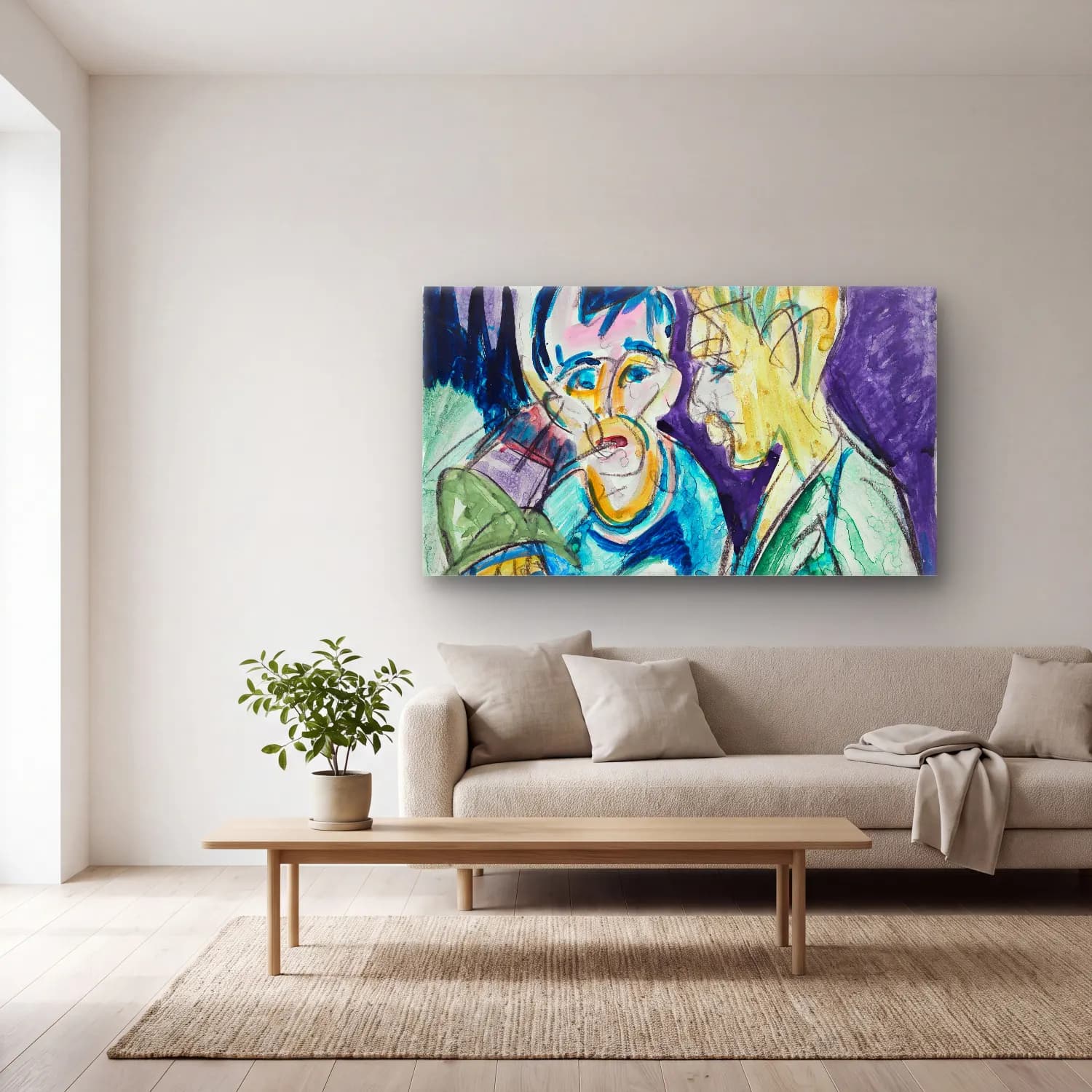 Ernst Ludwig Kirchner – Zwei Bauern und Junge am Brunnen cam tablo — açık renk salonda