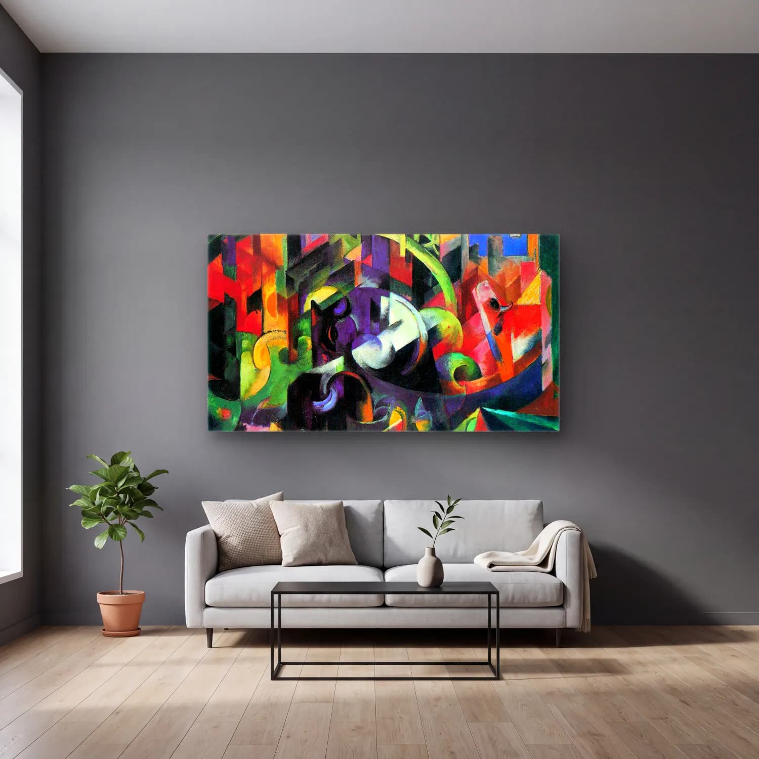 Franz Marc – Abstract with cattle cam tablo — gri duvarlı salonda